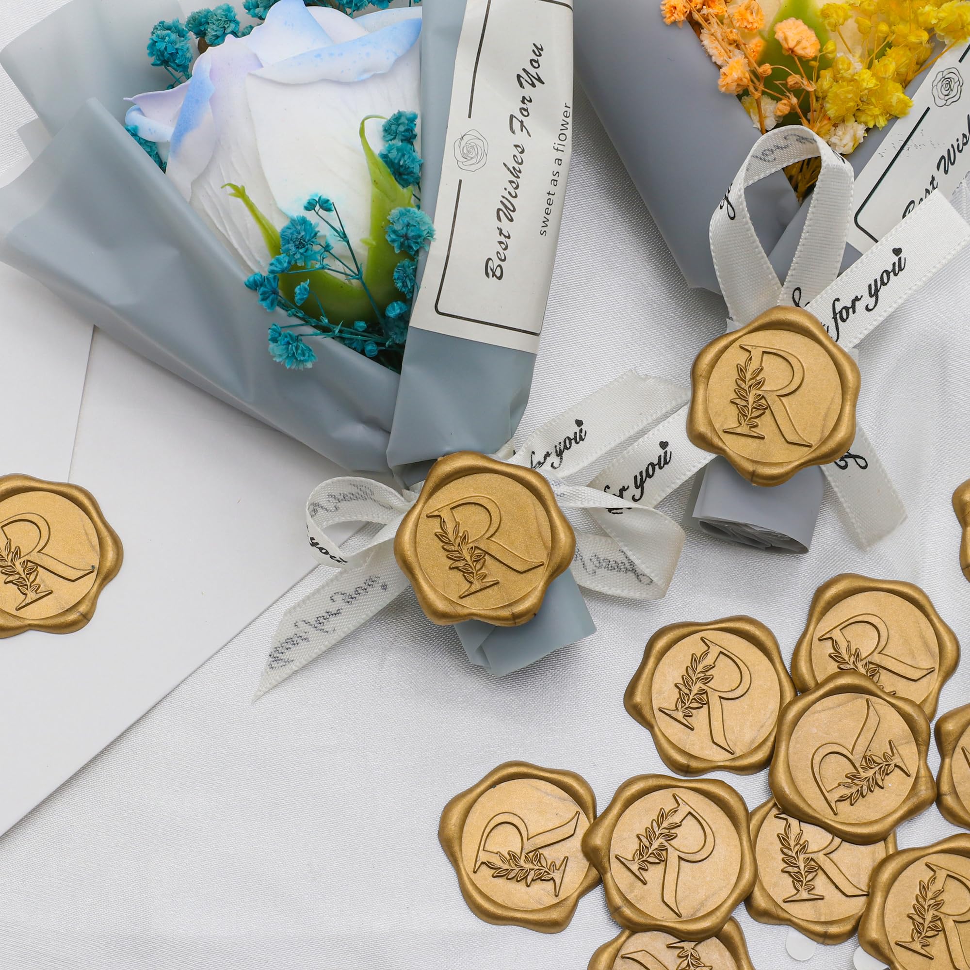SWANGSA 100-Pack Letter R Wax Seal Stickers - Antique Gold Botanical Leaves for Wedding Invitations & Envelopes