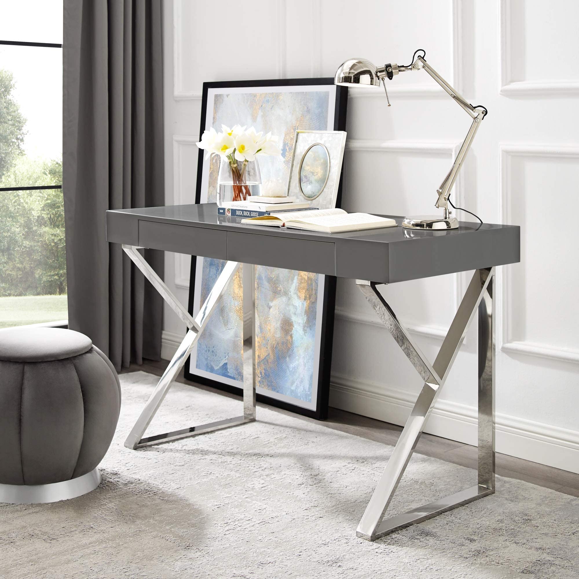Zosia High Gloss Modern Office Desk with Polished Stainless Steel Base - Dark Grey/Chrome Finish | Perfect for Home Office, Study Room & Workspace