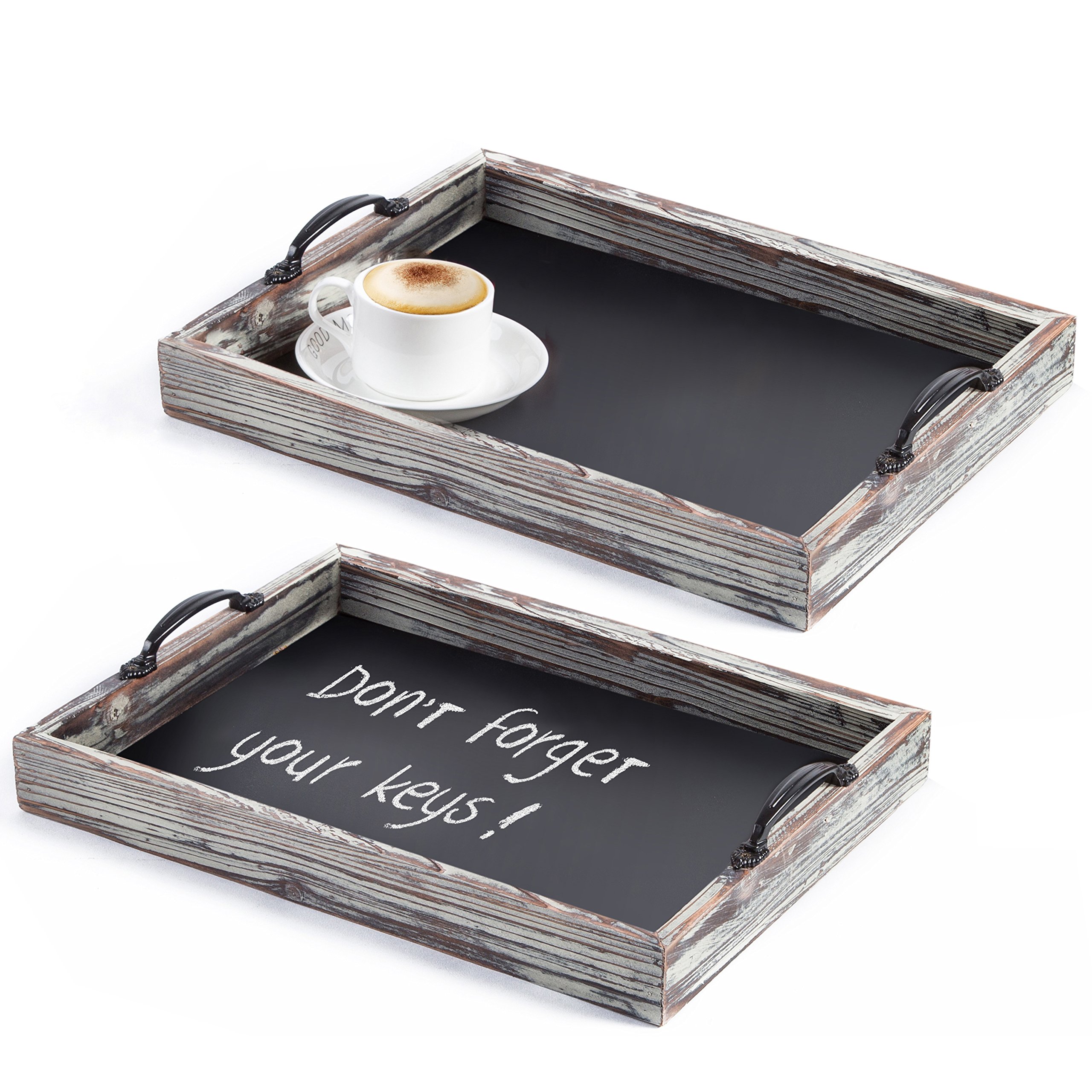 Vintage Brown Wood Large Decorative Serving Tray with Metal Handles & Chalkboard Surface - 2-Piece Nesting Coffee Table Breakfast Trays Set for Dining, Living Room Decor, and Entertaining Guests