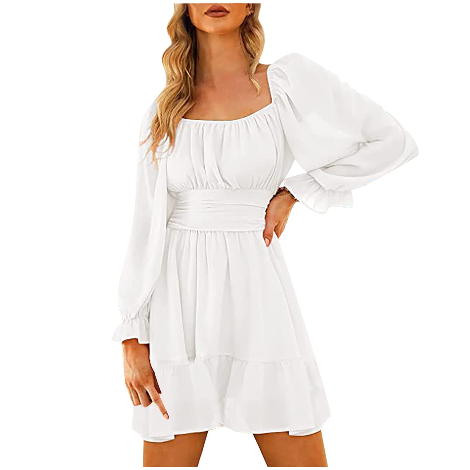Women's Off Shoulder Square Neck Ruffle Dress with Lantern Sleeves & Elastic Waist - A-Line Mini Casual Summer Dress for Beach, Party & Date Night