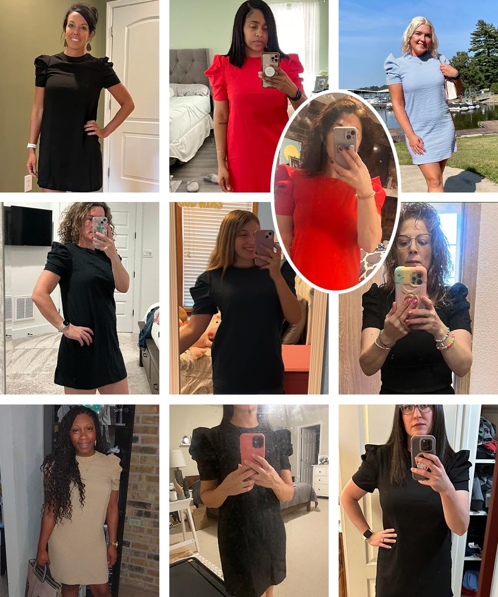 Narecte Women's Summer Dresses - Puff Sleeve Casual T-Shirt Dress, Solid Color Tunic Work Dress | Perfect for Office, Beach & Weekend Outings