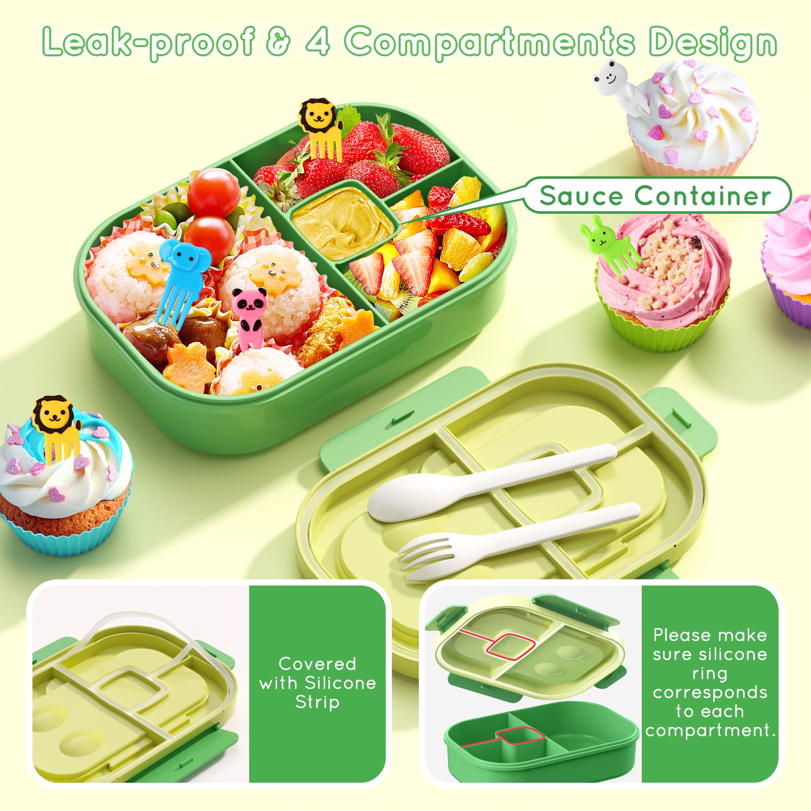 Leakproof 44oz Bento Lunch Box for Kids - 4 Compartment BPA-Free Reusable Food Container with Cutlery - Perfect for School Meals, Snacks, Picnics & Travel (Green)