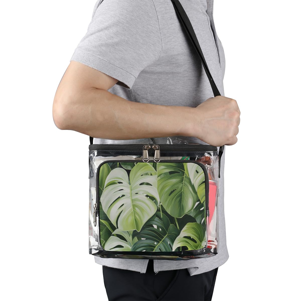 GzLeyigou Clear Tote Bag with Tropical Palm Leaf Design - Transparent Crossbody Shoulder Bag for Women | Perfect for Beach, Travel, Picnic, Concerts & Sports Events | Stadium Approved Lunch Tote & Shopping Bag