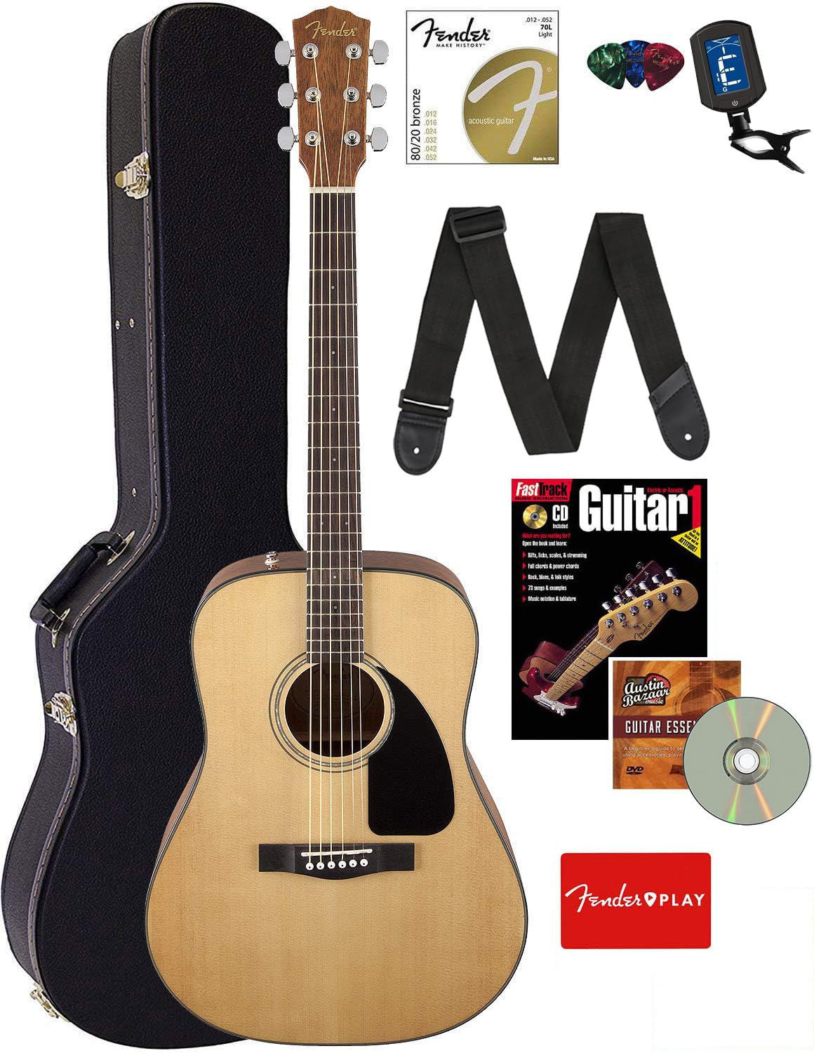 Fender CD-60 Dreadnought Acoustic Guitar Bundle - Natural Finish with Hard Case, Strap, Digital Tuner, Strings, Picks, Online Lessons & Instructional Book - Perfect for Beginners, Campfire Jams & Home Recording Studios