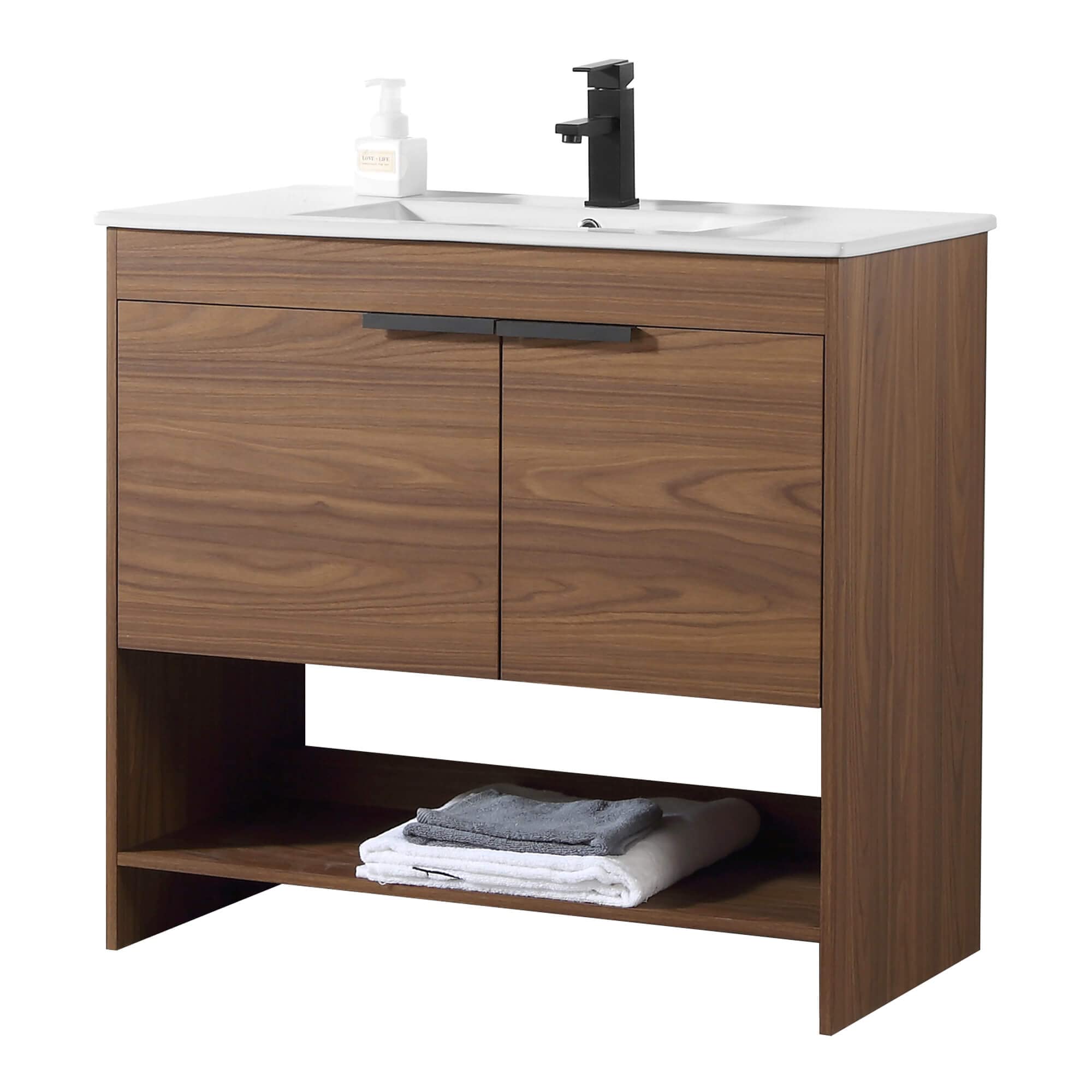 Fine Fixtures Phoenix 36 Inch Modern Bathroom Vanity with Sink - Soft-Close Doors & Storage Drawers - Durable Walnut Vanity for Small Bathrooms (Full Assembly Required) - Perfect for Apartments, Guest Bathrooms & Powder Rooms