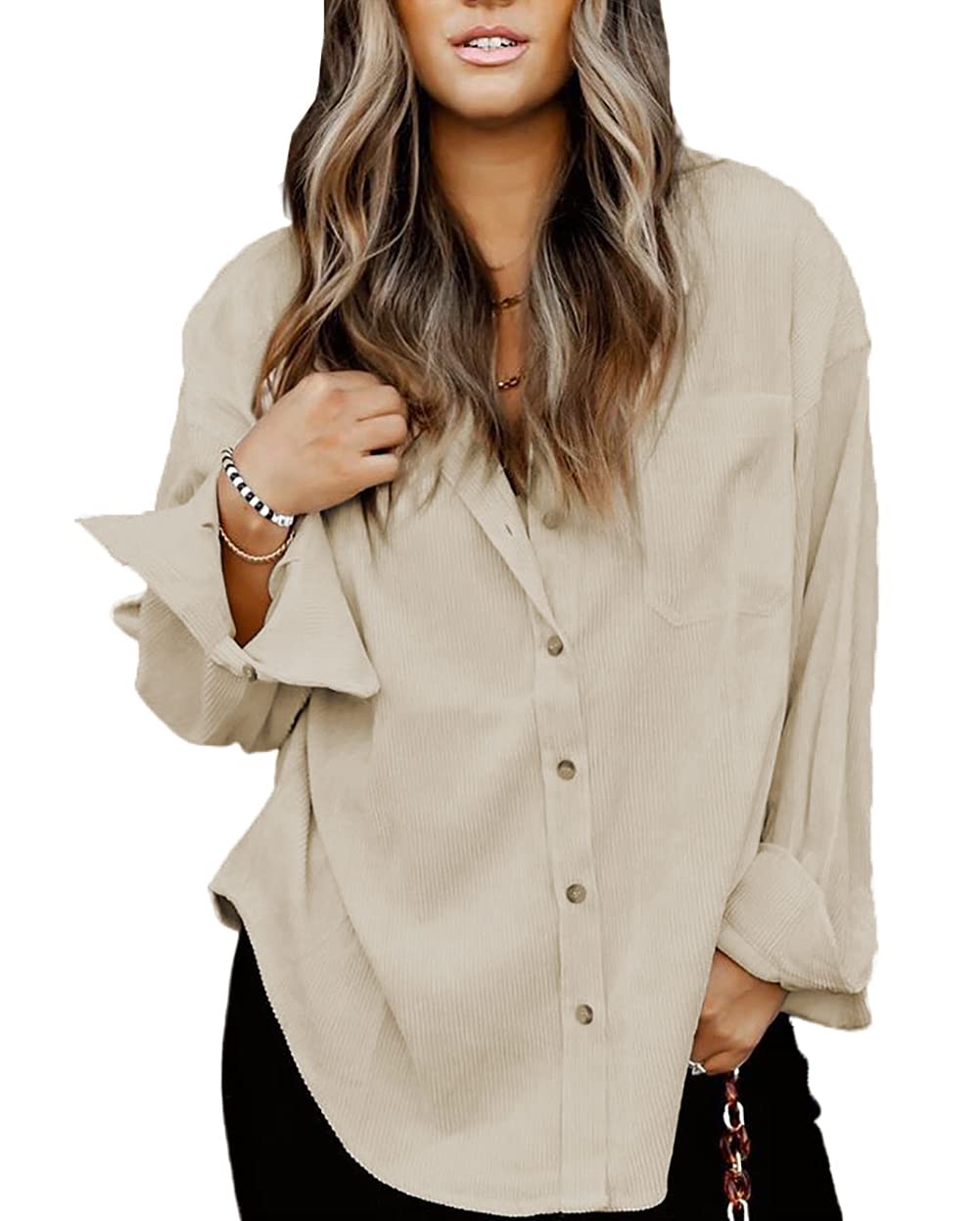 Magritta Women's Long Sleeve Button Down Shirt - V Neck Collared Oversized Blouse with Pockets | Casual Office Wear & Everyday Stylish Tops