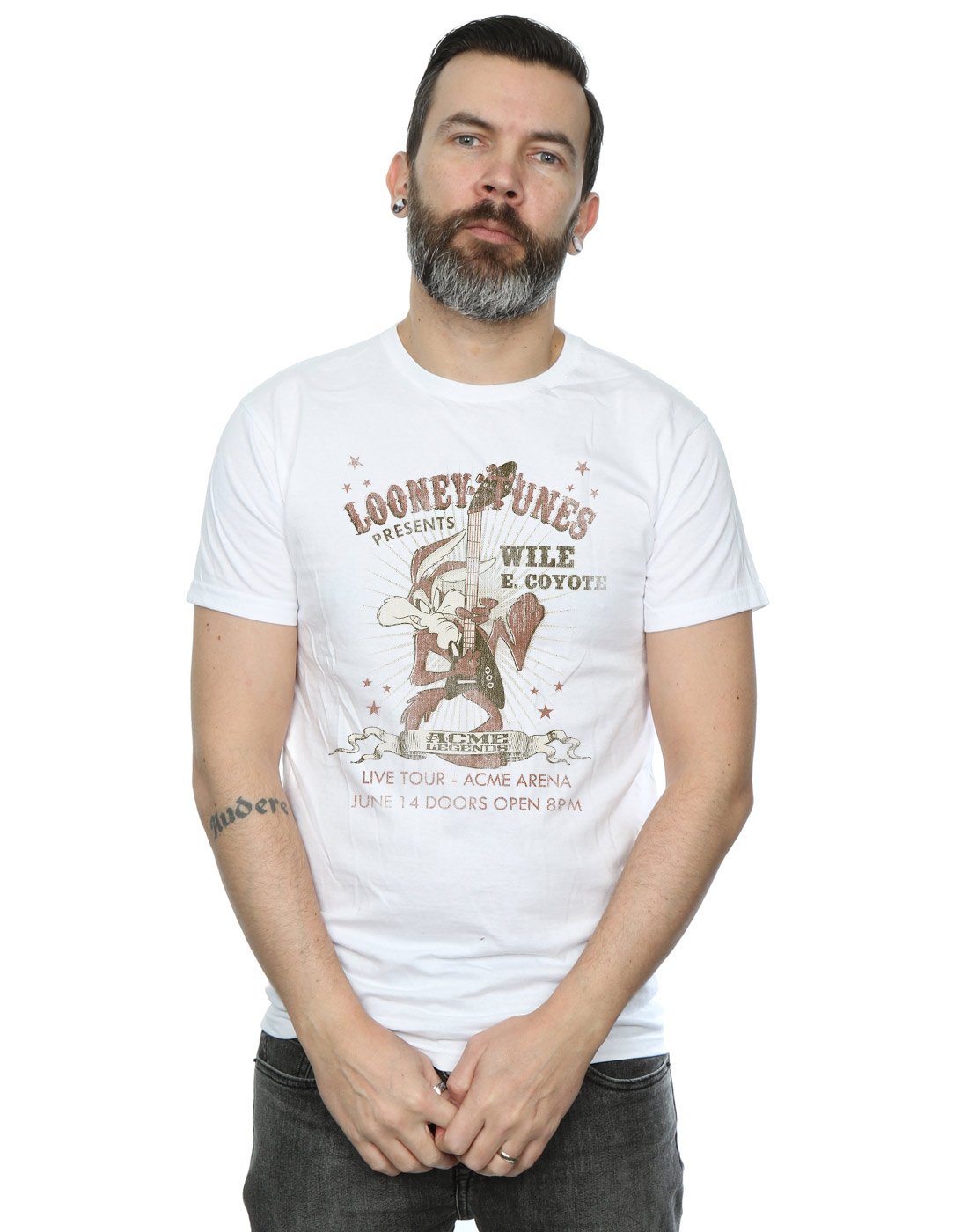 Looney Tunes Wile E Coyote Guitar Graphic T-Shirt for Men - White, Large Size | Casual Wear, Gift for Cartoon Fans, Music Lovers