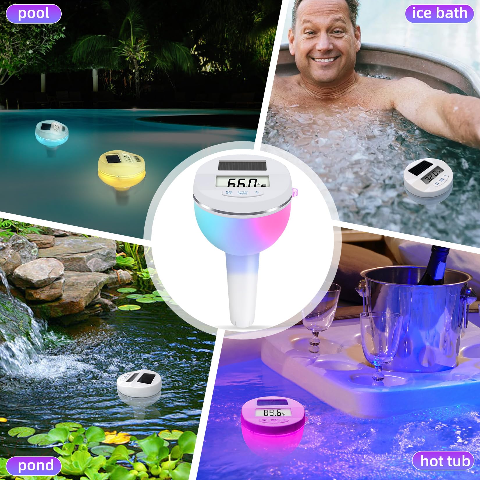 Solar Pool Thermometer with RGB Lights - Large LCD Backlit Display, IP68 Waterproof Floating Digital Thermometer for Swimming Pools, Hot Tubs & Spas - Easy to Read Temperature Gauge for Nighttime Use and Water Temperature Monitoring