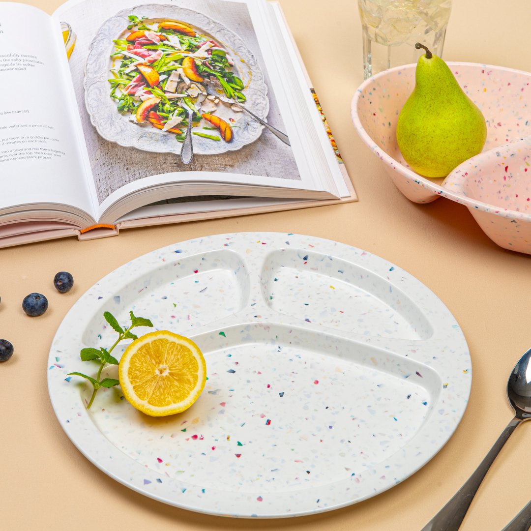 2PC Confetti Divided BBQ Plate - White | Durable Melamine Serving Plates for Outdoor Picnics, BBQs, and Parties
