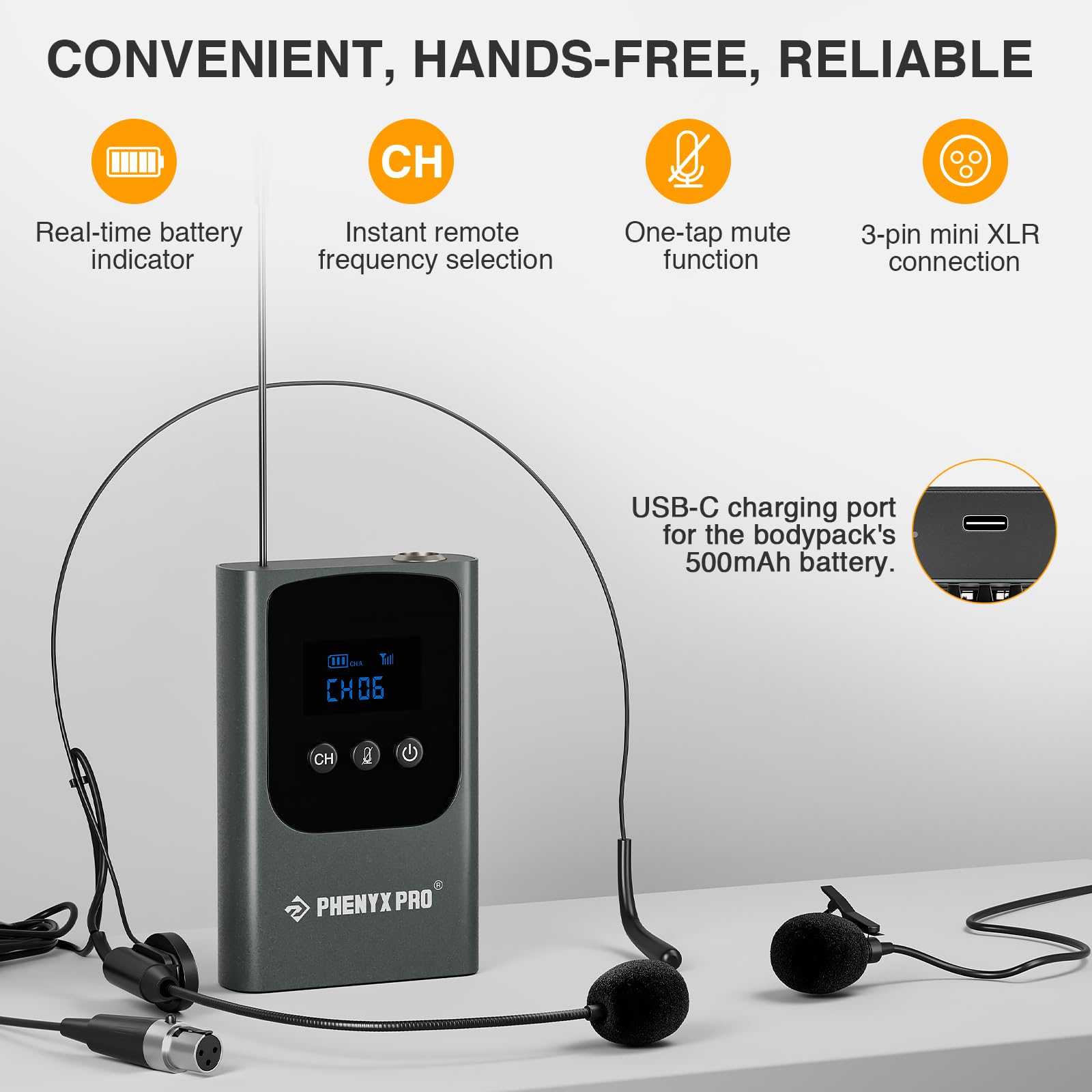 Phenyx Pro Single Digital Wireless Microphone System with Mini Receiver & Bodypack Transmitter - 15-Channel 900MHz UHF Band for Karaoke, Singing, Church & Wedding - Includes Headset & Lapel Mic (PDP-1-1B) - Perfect for Live Performances, Public Speaking & Events