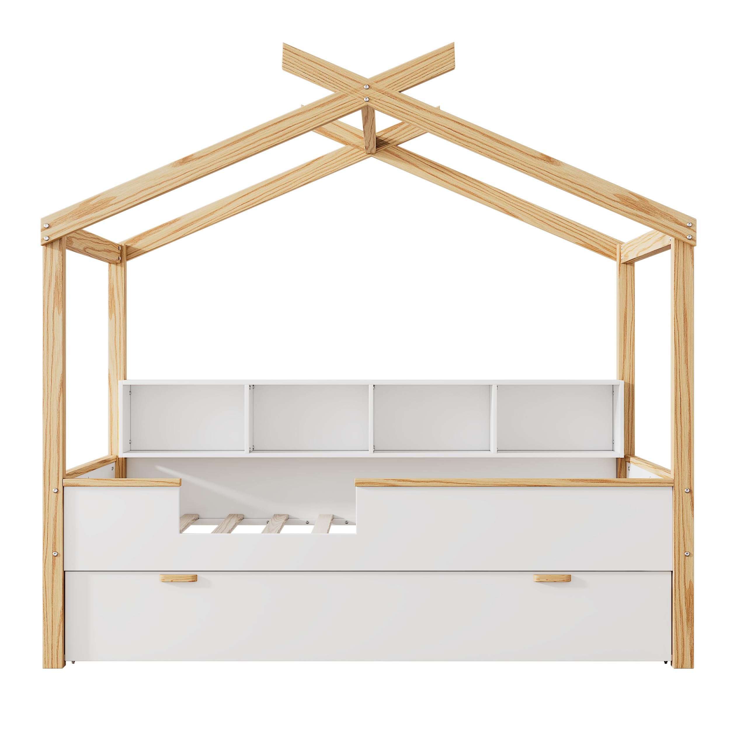 Natural Wood Kids Trundle Bed with Bookshelf - Montessori Toddler House Bed for Boys & Girls, Full Size White Children's Bed - Perfect for Small Bedrooms, Playrooms & Montessori Learning Spaces