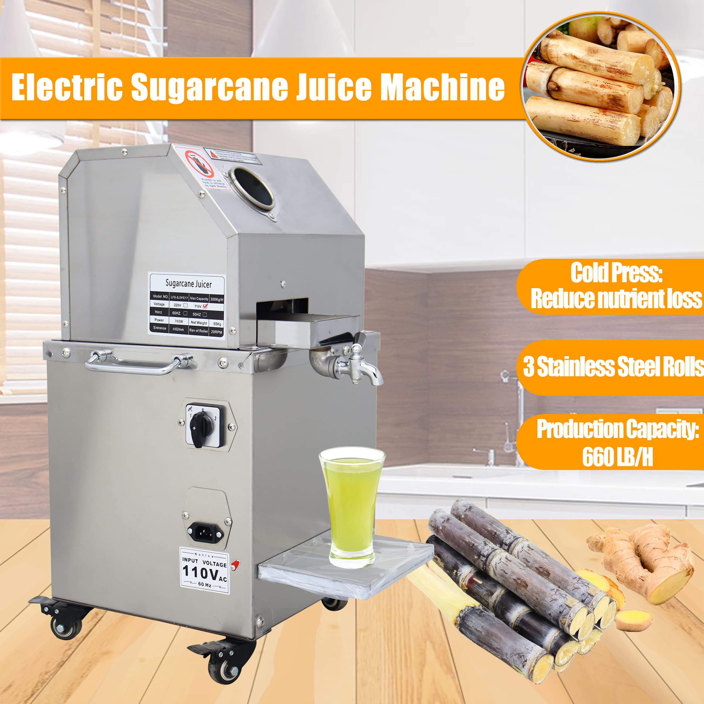 TECHTONGDA 110V Commercial Electric Sugar Cane Juicer Machine - 3 Roll Stainless Steel Cold Press Extractor with Cleaning Port & Wheels - 660 lbs/h Output - Perfect for Juice Bars, Restaurants & Home Use