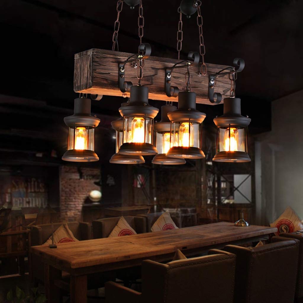 Vintage Industrial Wood & Metal Chandelier - Adjustable Height 6-Light E27 Pendant Lamp for Living Room, Dining Room & Bedroom | Retro Style Ceiling Lighting Fixture