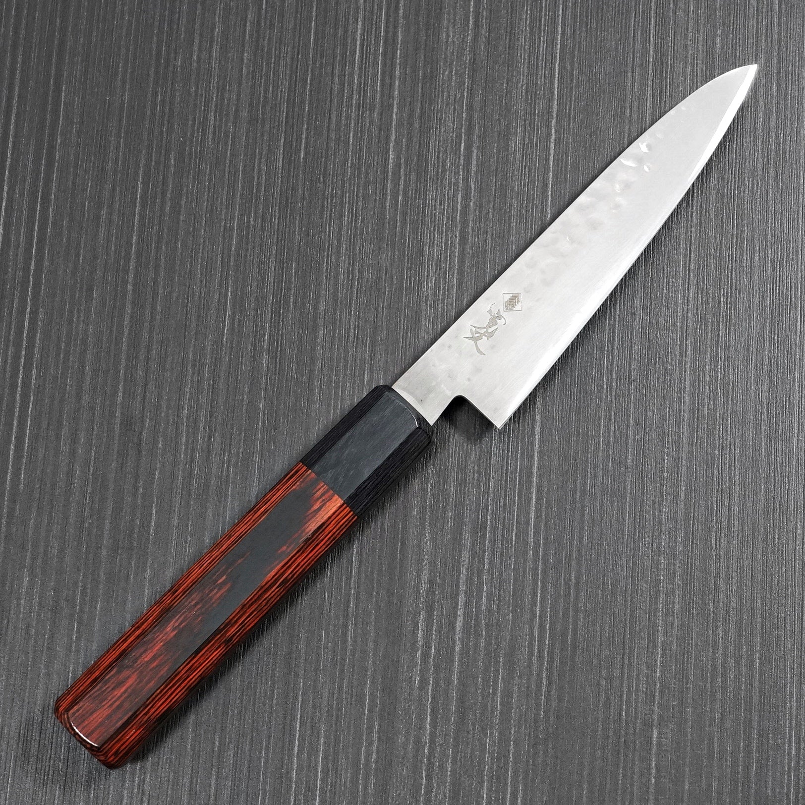 Premium Kanjo Hammered MV Steel Petty Knife 120mm - Japanese Red Handle Kitchen Knife for Slicing, Peeling & Precision Cutting - Perfect for Chefs, Home Cooks & Culinary Enthusiasts