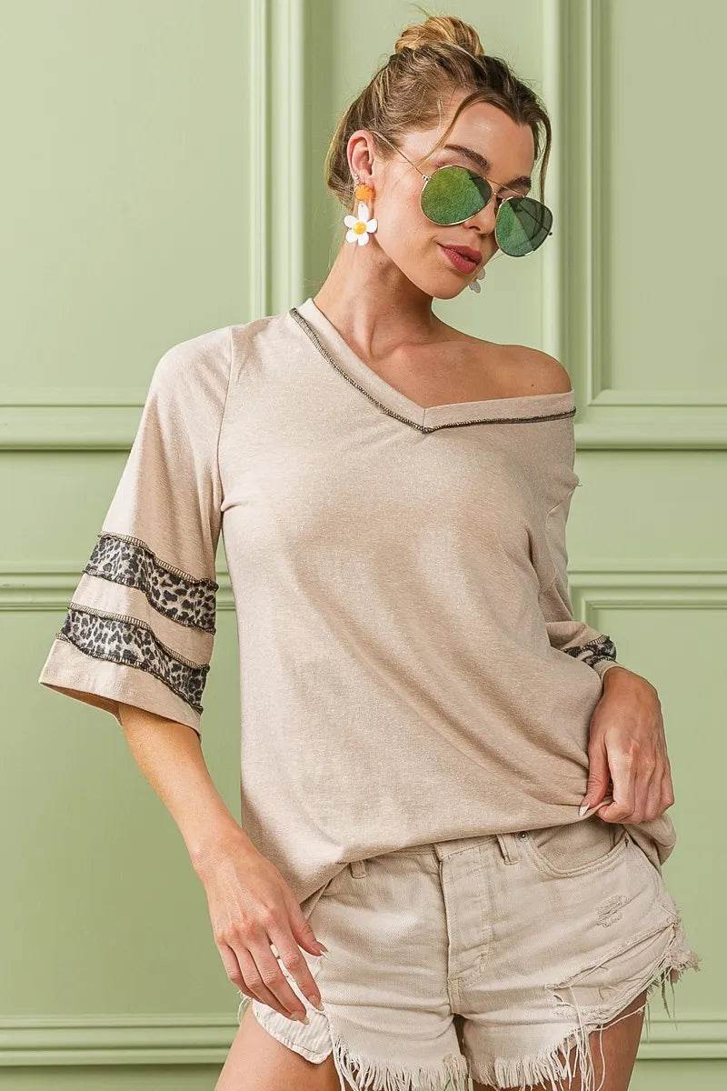 Stylish BiBi Triblend Knit Top with Leopard Band Detail - Women's Fashion T-Shirt for Casual Wear, Outfits & Daily Comfort