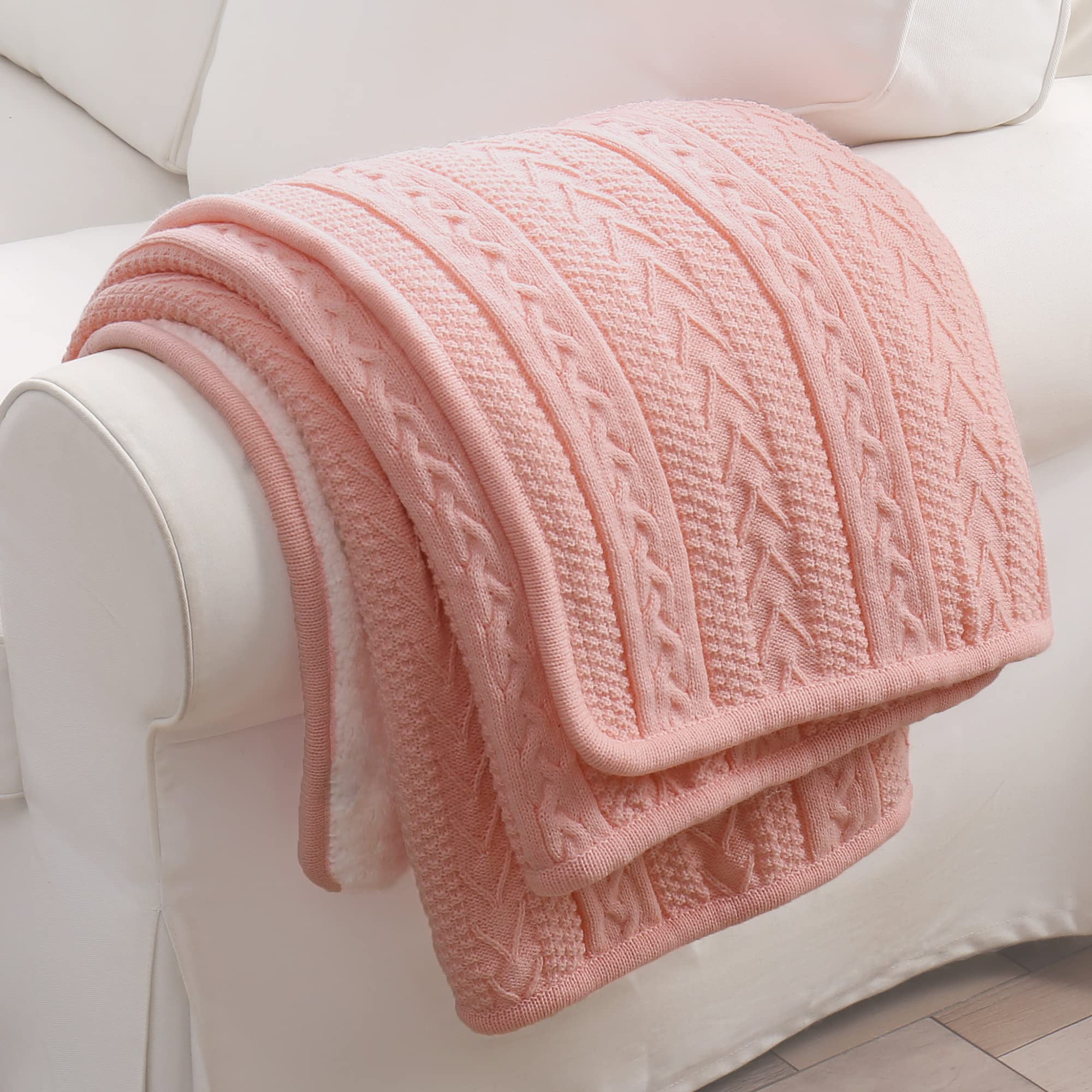 Longhui Pink Acrylic Cable Knit Sherpa Throw Blanket - Ultra Soft & Cozy Fleece Blanket for Couch, Sofa, Bed - 50