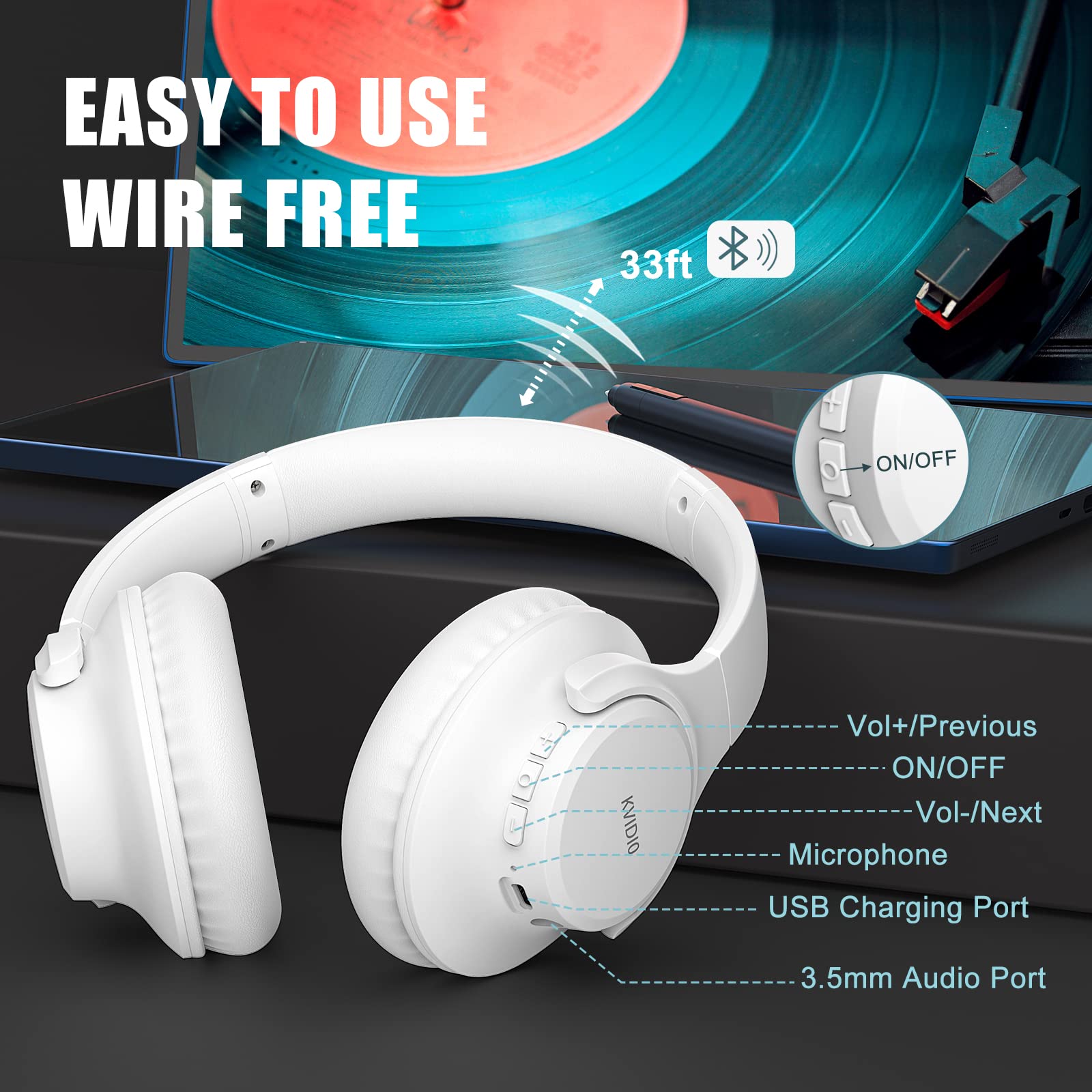 KVIDIO Wireless Bluetooth Over-Ear Headphones with Microphone - 65 Hours Playtime, Foldable Lightweight Design, Deep Bass & HiFi Stereo Sound - Perfect for Travel, Work, Gaming & Phone Calls (White)