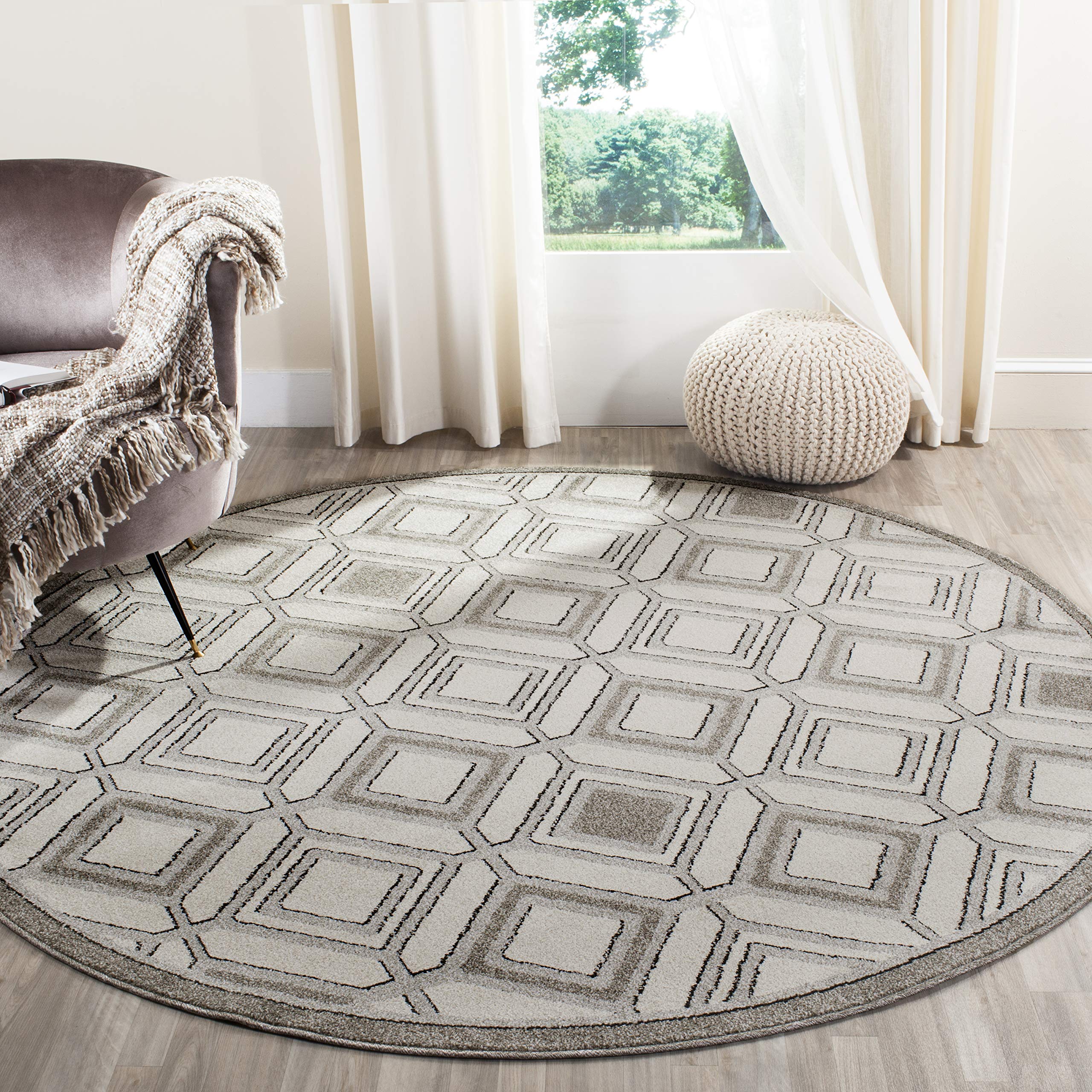 SAFAVIEH Amherst Collection 7' Round Ivory/Light Grey Area Rug - Mid-Century Modern Non-Shedding Rug for Dining Room, Living Room, Bedroom & Entryway - Perfect for Home Decor & High Traffic Areas