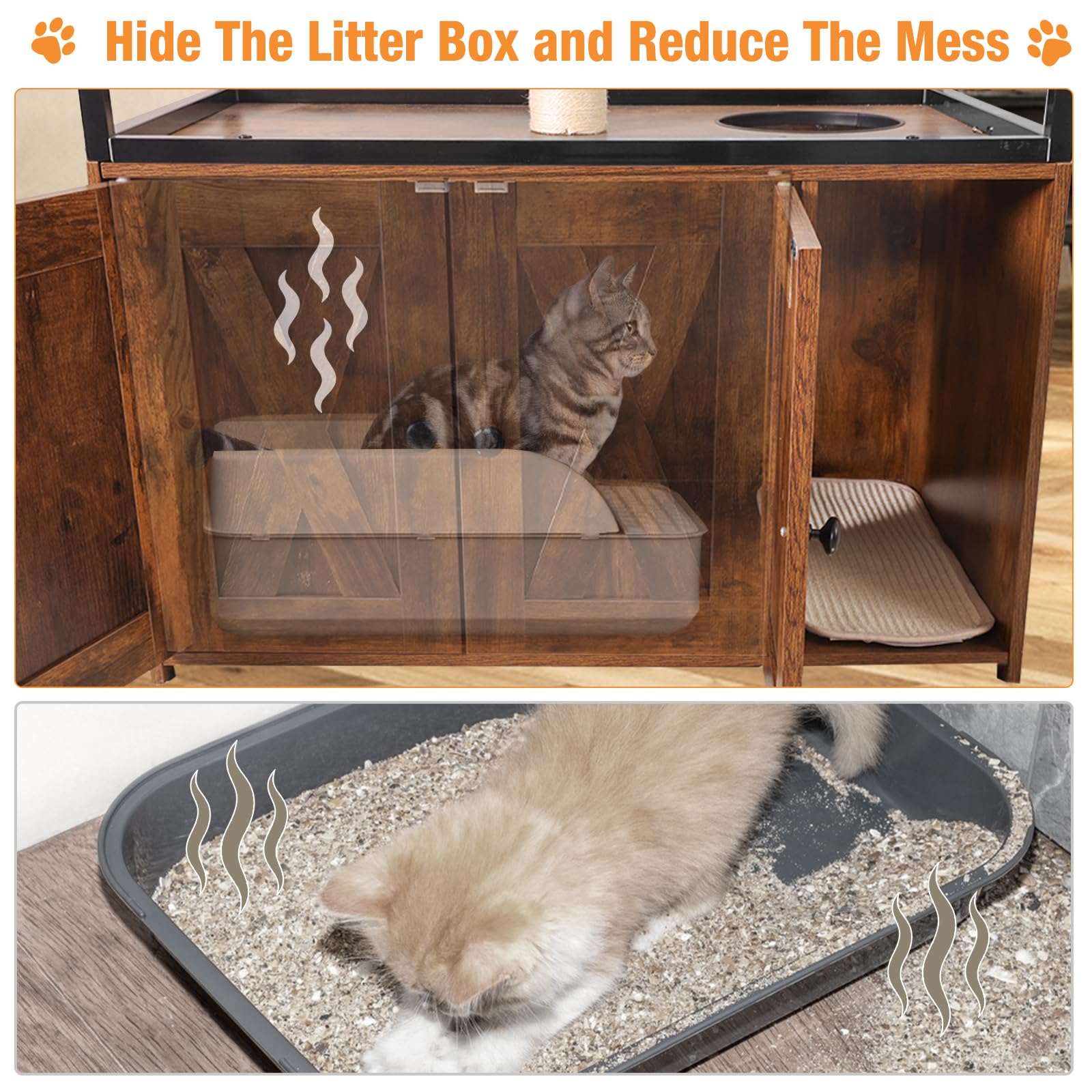 Hidden Cat Litter Box Enclosure Furniture with Metal Frame & Barn Door - Wooden Kitty House Washroom for Large Cats - Fits Most Litter Boxes (Medium, Natural Wood) - Perfect for Living Rooms, Bedrooms & Home Decor