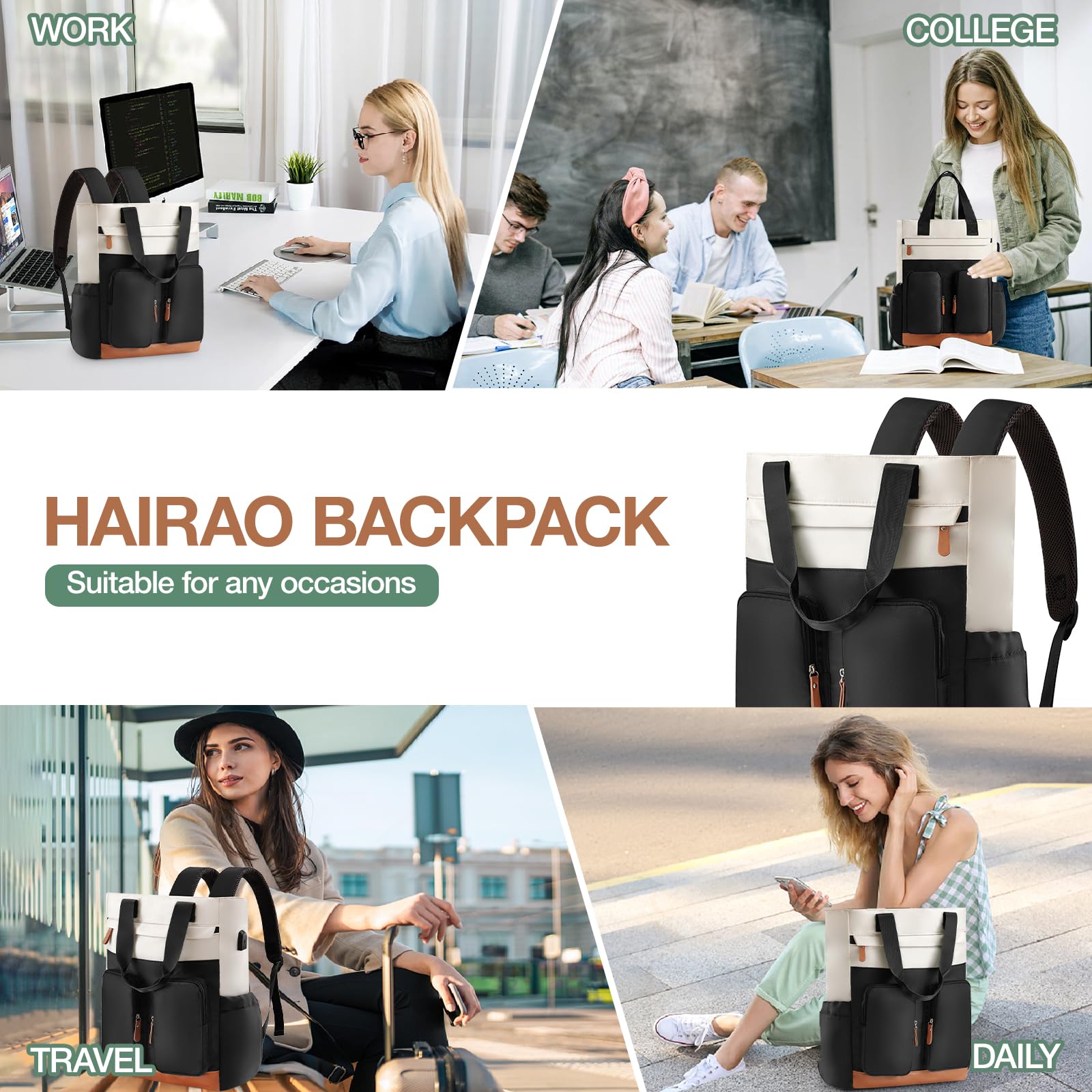 Hairao Women's 15.6 Inch Anti Theft Laptop Backpack with USB Charging Port - Stylish Business Computer Bag for Travel, Work & College - Perfect for Commuting, Office & Daily Use