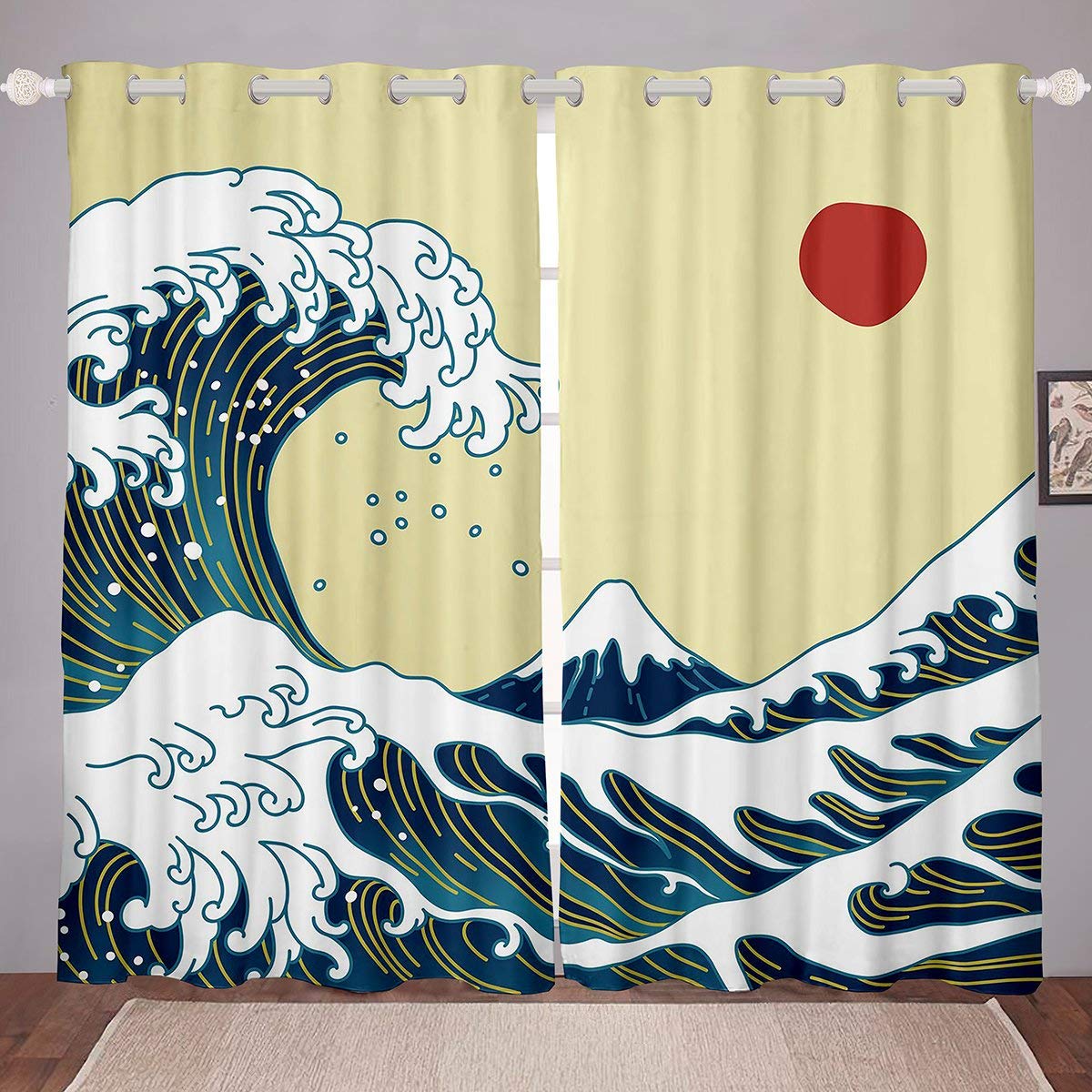Ocean Wave Window Curtains - Japanese Hokusai Inspired Blue Wave Design for Bedroom & Living Room - 52x63 Inch 2 Panels - Perfect for Coastal, Zen & Asian-Themed Home Decor