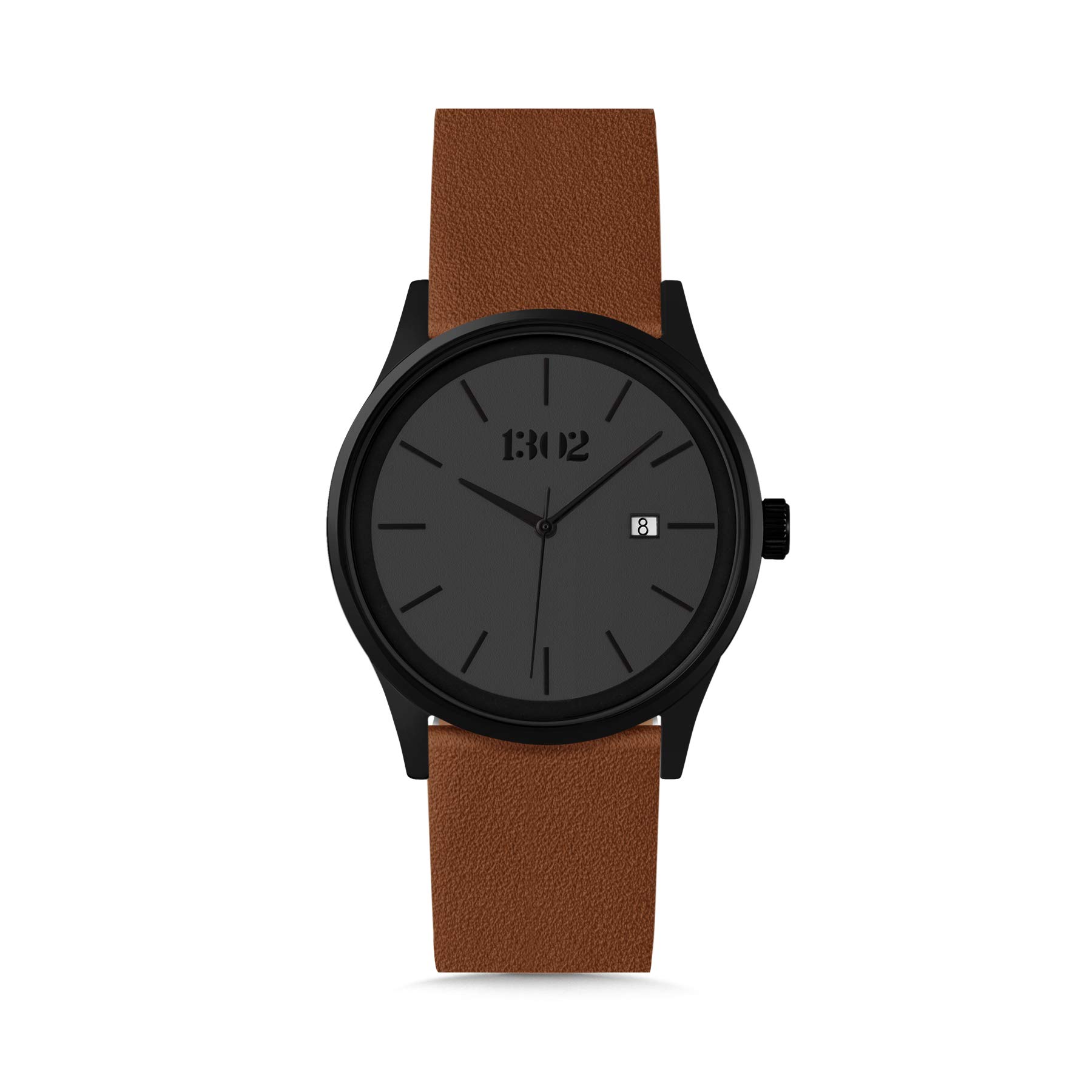 THIRTEEN.02 Minimalist Men's Leather Watch - Black Face, Genuine Leather Strap - Stylish Groomsmen Gift & Everyday Wristwatch for Business, Casual & Formal Occasions
