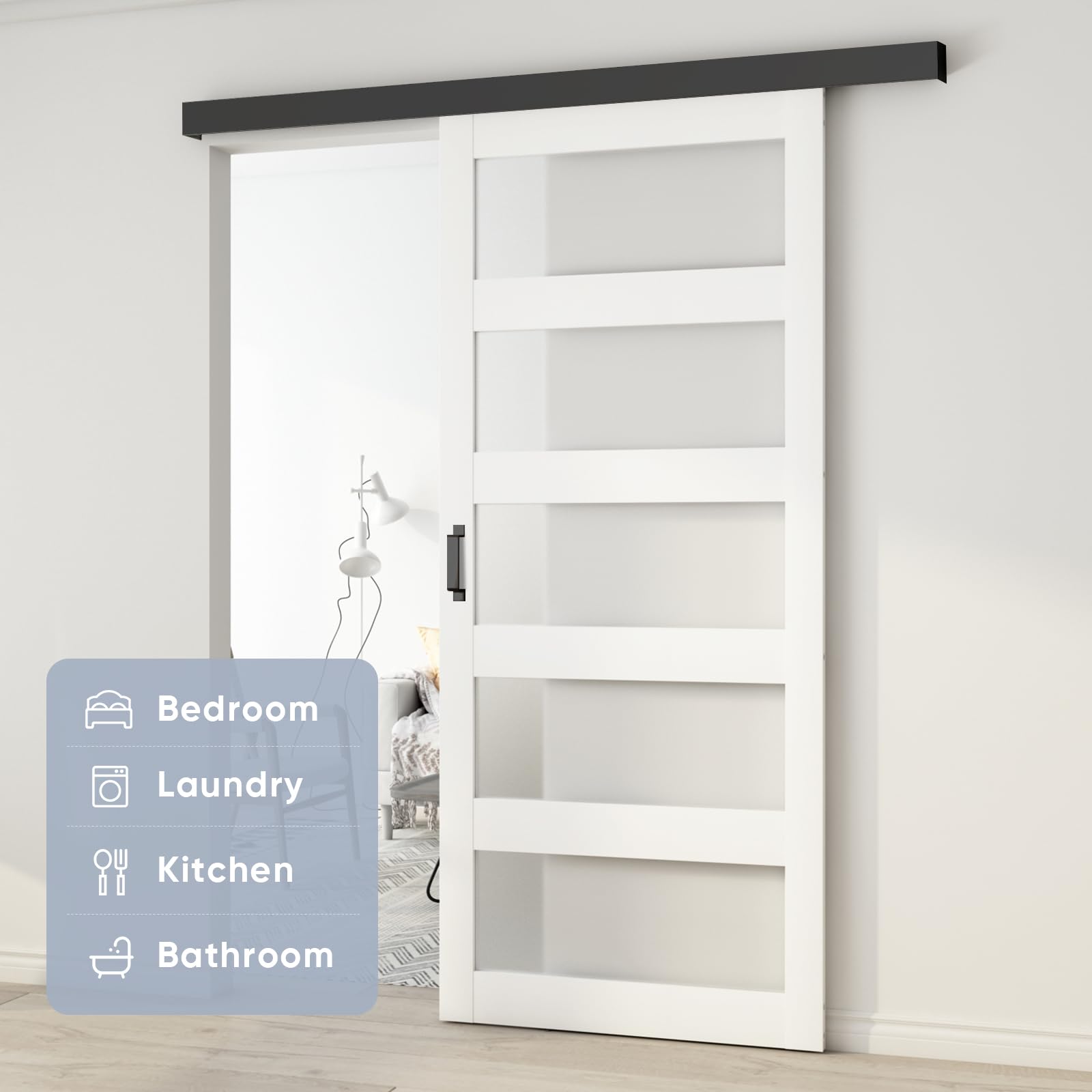 36in x 84in Frosted Glass Barn Door with Sliding Hardware Kit - 5-Panel White Frosted Glass, Black Box Rail, Waterproof PVC Surface - Easy Assembly for Bedroom, Closet, or Office Partition