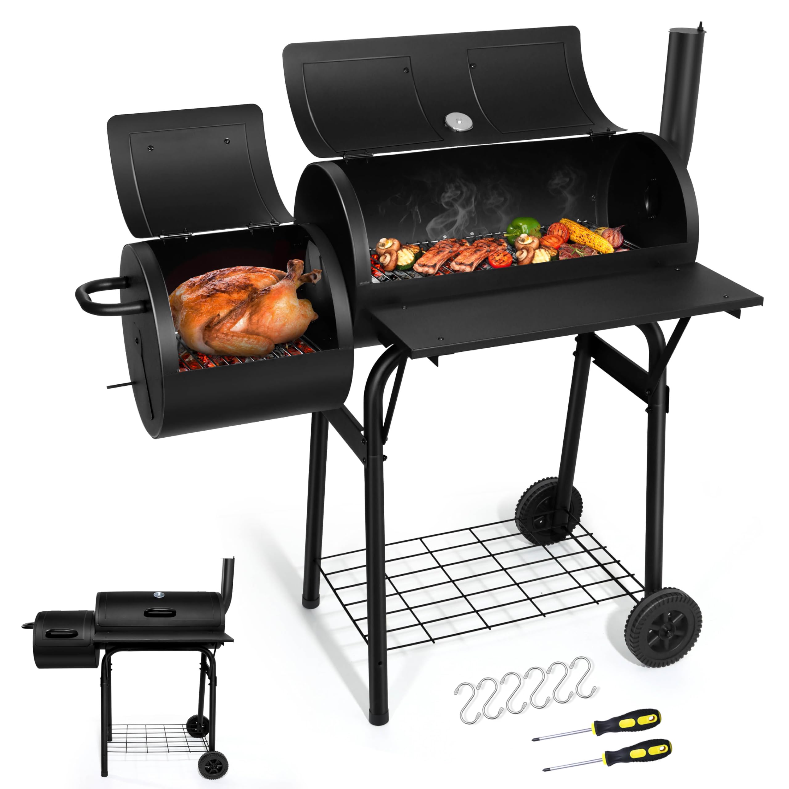 Joyfair Charcoal Grill with Offset Smoker - Heavy Duty Steel Camping BBQ Grill with Side Fire Box, Dual Chamber Design, Built-in Thermometer & Chimney - Perfect for Outdoor Backyard Parties, Tailgating & Camping Trips
