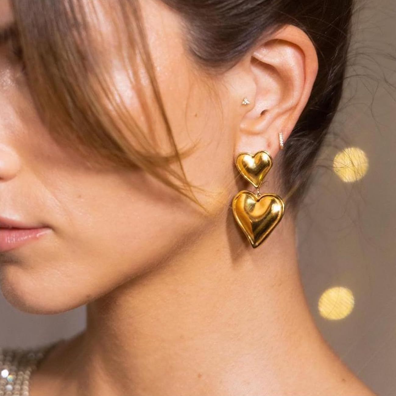 FDEETY Hypoallergenic Heart Hoop Earrings for Women - Double Heart Dangle Statement Jewelry Gift for Christmas & Valentine's Day | Perfect for Date Night, Party & Special Occasions