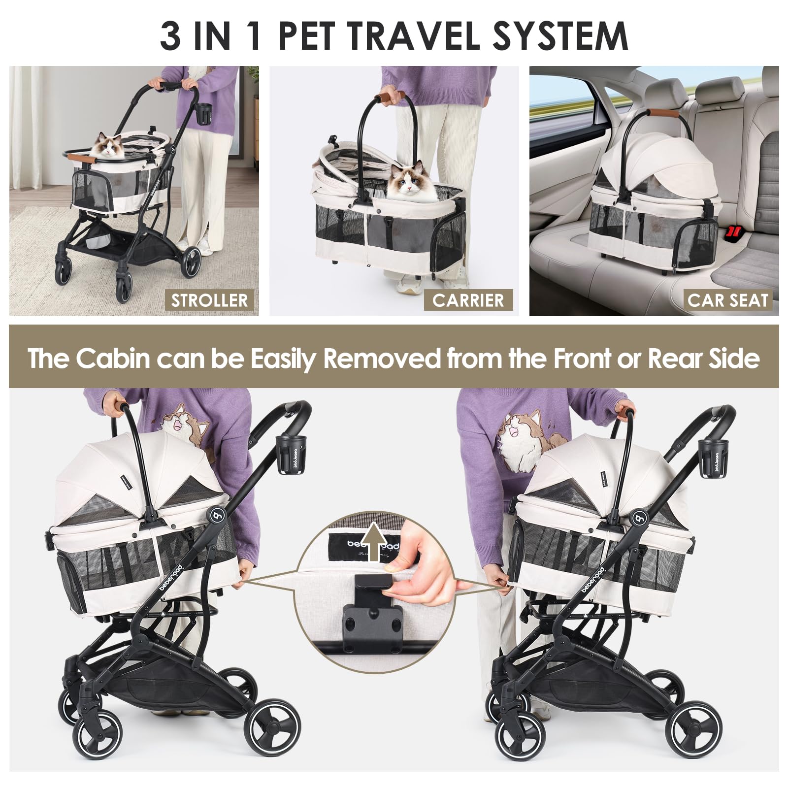 T3 3-in-1 Small Pet Stroller for Dogs & Cats - Lightweight 4-Wheel Travel Carrier with Removable Pad, Canopy & Cup Holder - Beige | Perfect for Vet Visits, Park Walks & Shopping Trips