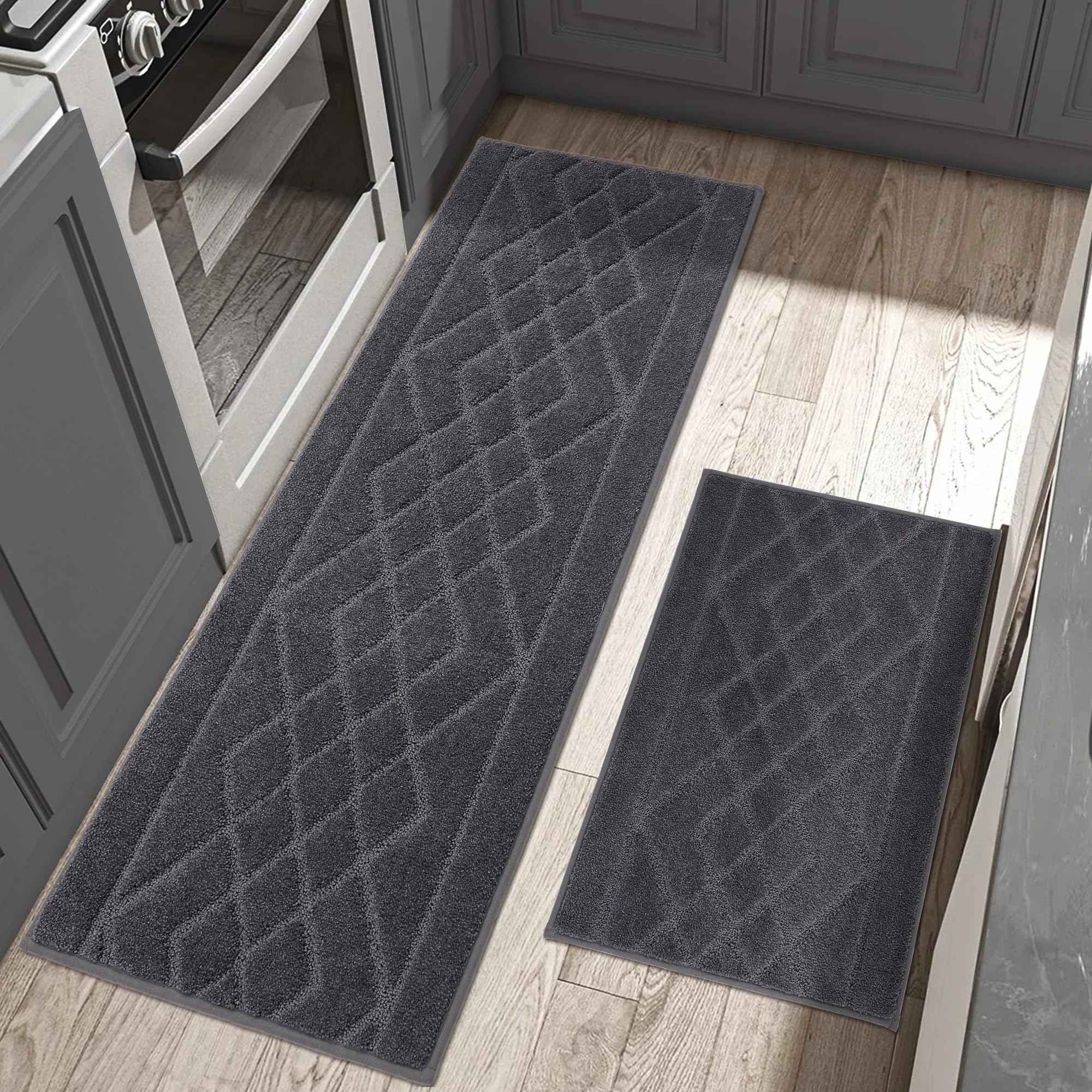 BEQHAUSE Non-Slip Washable Kitchen Rugs Set of 2 - Absorbent Soft Floor Mats for Kitchen, Sink, Hallway & Laundry (20”x30” + 20”x48”, Dark Grey) - Perfect for High-Traffic Areas & Spill Protection