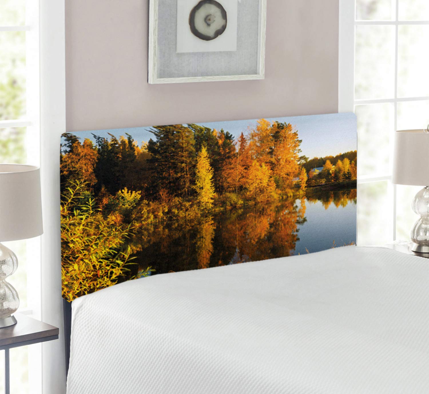 Ambesonne Autumn Headboard - Sunset Lake Landscape Upholstered Metal Bed Headboard with Memory Foam, Twin Size, Multicolor | Perfect for Fall Bedroom Decor & Cozy Seasonal Atmosphere