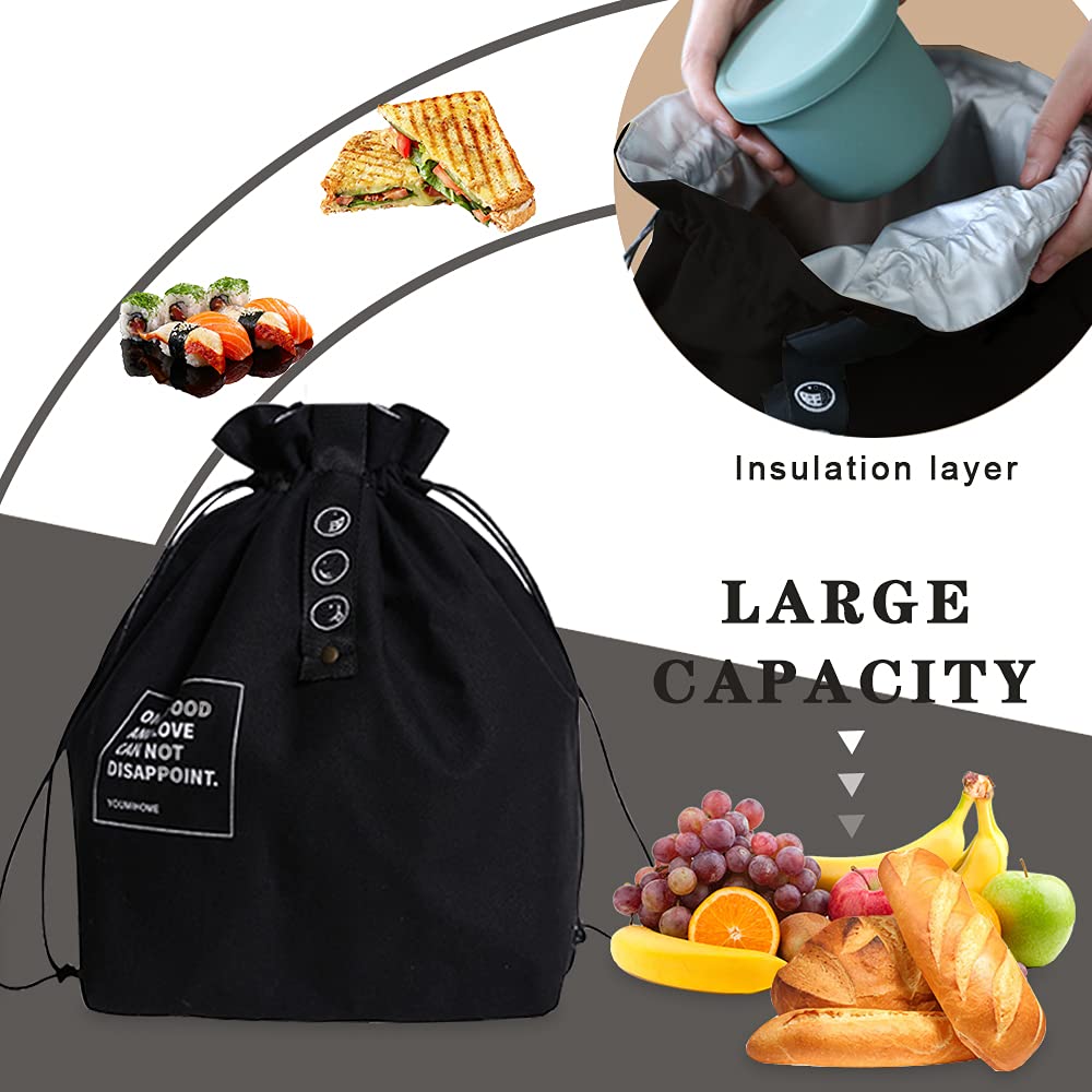 Insulated Canvas Lunch Bag with Drawstring Closure - Foldable Lightweight Cooler Tote for Work, Office, Picnic & Outdoor Activities - Black Lunch Box for Adults & Kids
