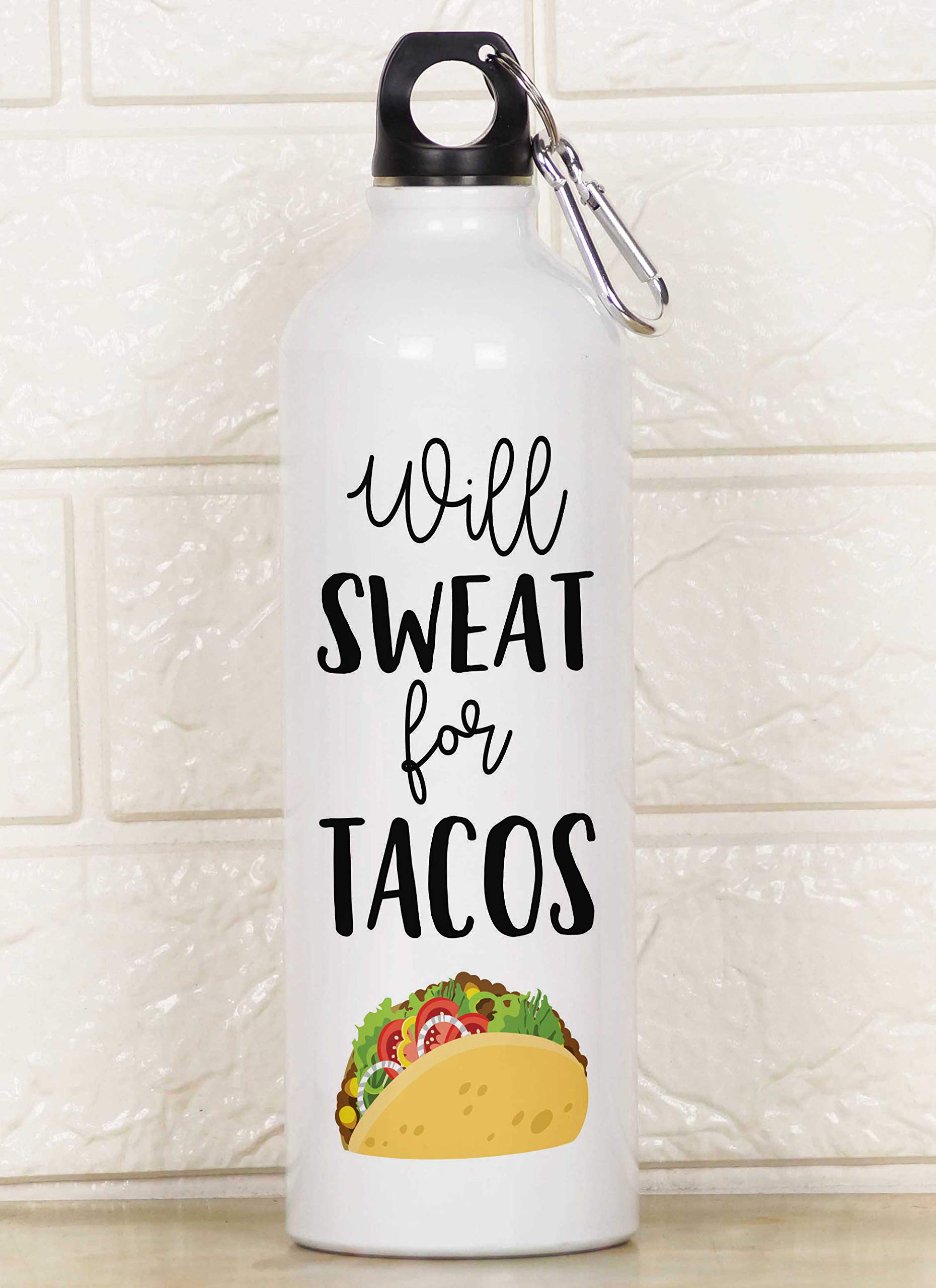 Printtoo 'Will Sweat for Tacos' Aluminum Sports Water Bottle with Carabiner Clip - 750ml/25.3oz - Perfect for Gym, Hiking & Outdoor Adventures