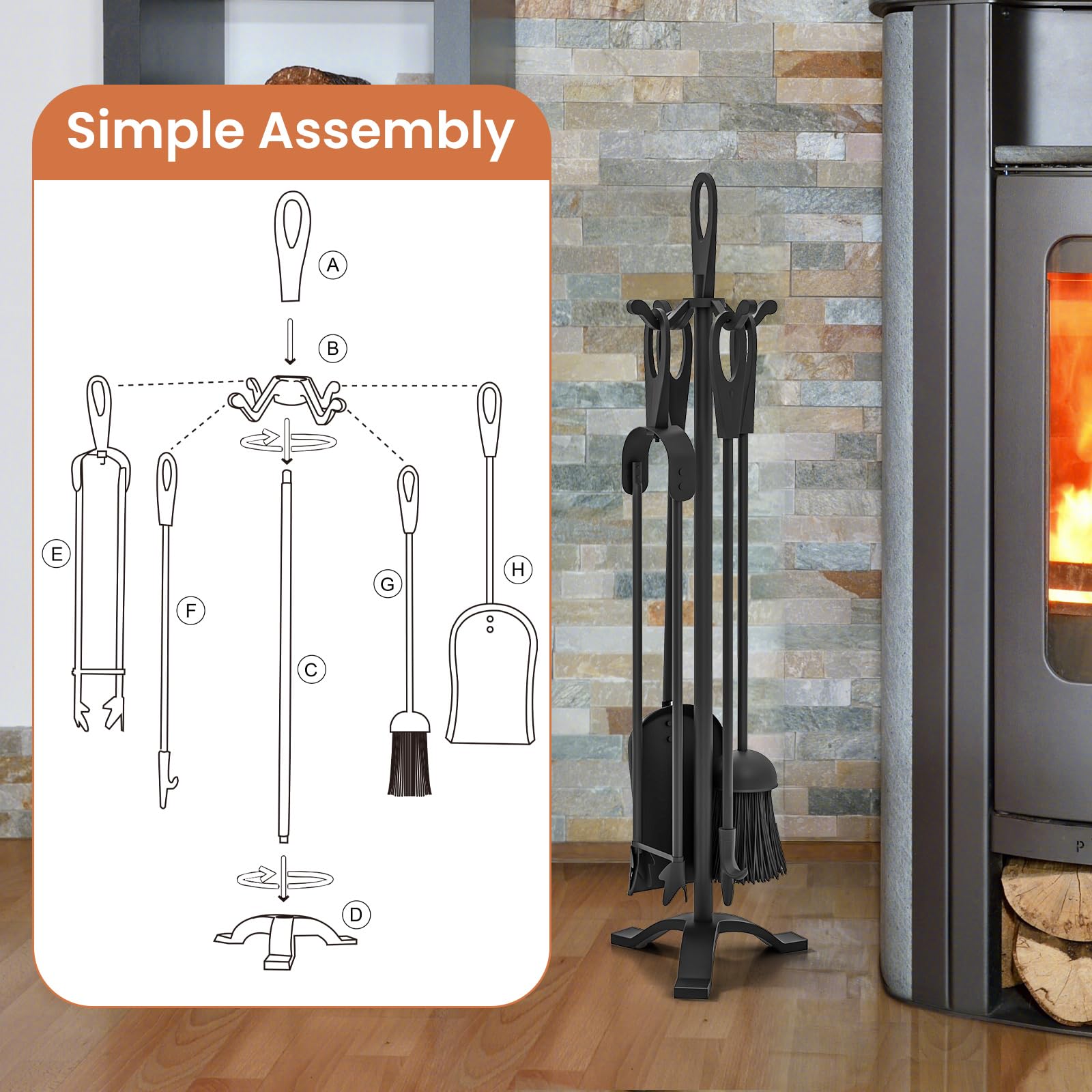 Tangkula 5-Piece Fireplace Tool Set - Black Fireplace Accessories with Poker, Tongs, Brush, Shovel & Stand - Heavy Duty Indoor Fireplace Tools with Ergonomic Handles for Fireplace Maintenance & Home Decor