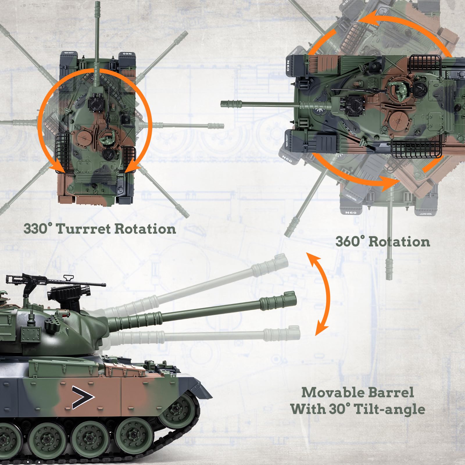 1:18 Scale RC Tank - 2.4Ghz Remote Control M60 Military Tank Toy with Smoke, Light & Sound Effects | 15-Channel Battle Tank with BBS & Water Bomb Launcher | Army Toy for Adults & Kids | Perfect for Outdoor Play, Battle Simulation & Collecting