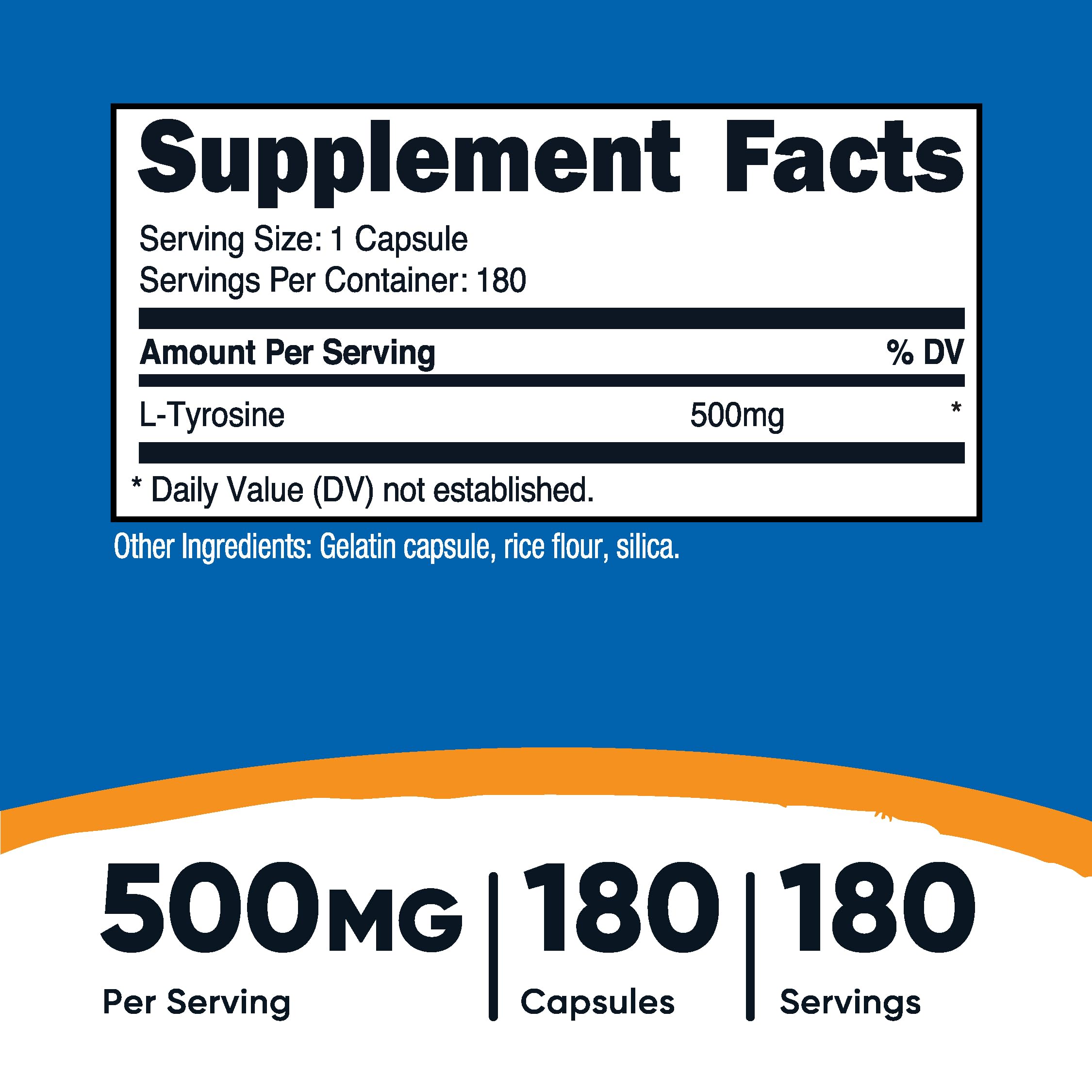 Nutricost L-Tyrosine 500mg, 180 Capsules - Gluten Free, Non-GMO Supplement for Focus, Energy & Stress Relief - Supports Cognitive Function & Mood Enhancement for Workouts, Study & Daily Performance
