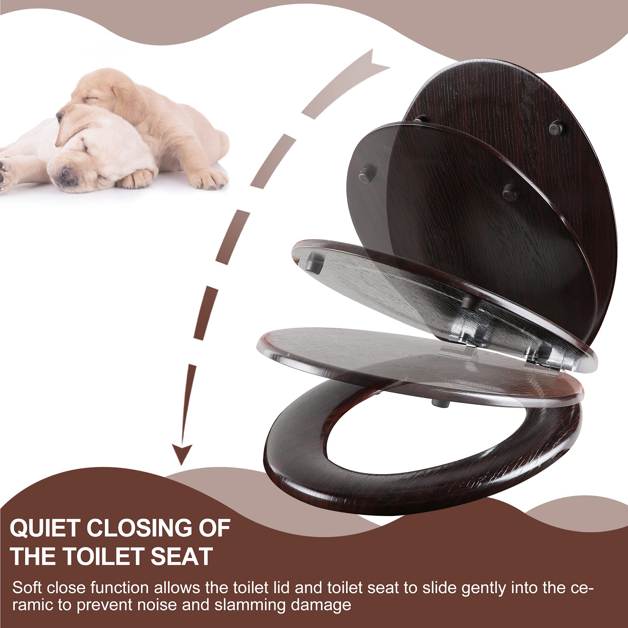 Premium Elongated Toilet Seat - Molded Wood with Soft-Close Hinges & Quick Release, Easy Installation & Cleaning (Dark Brown) - Perfect for Modern Bathrooms & Home Renovations