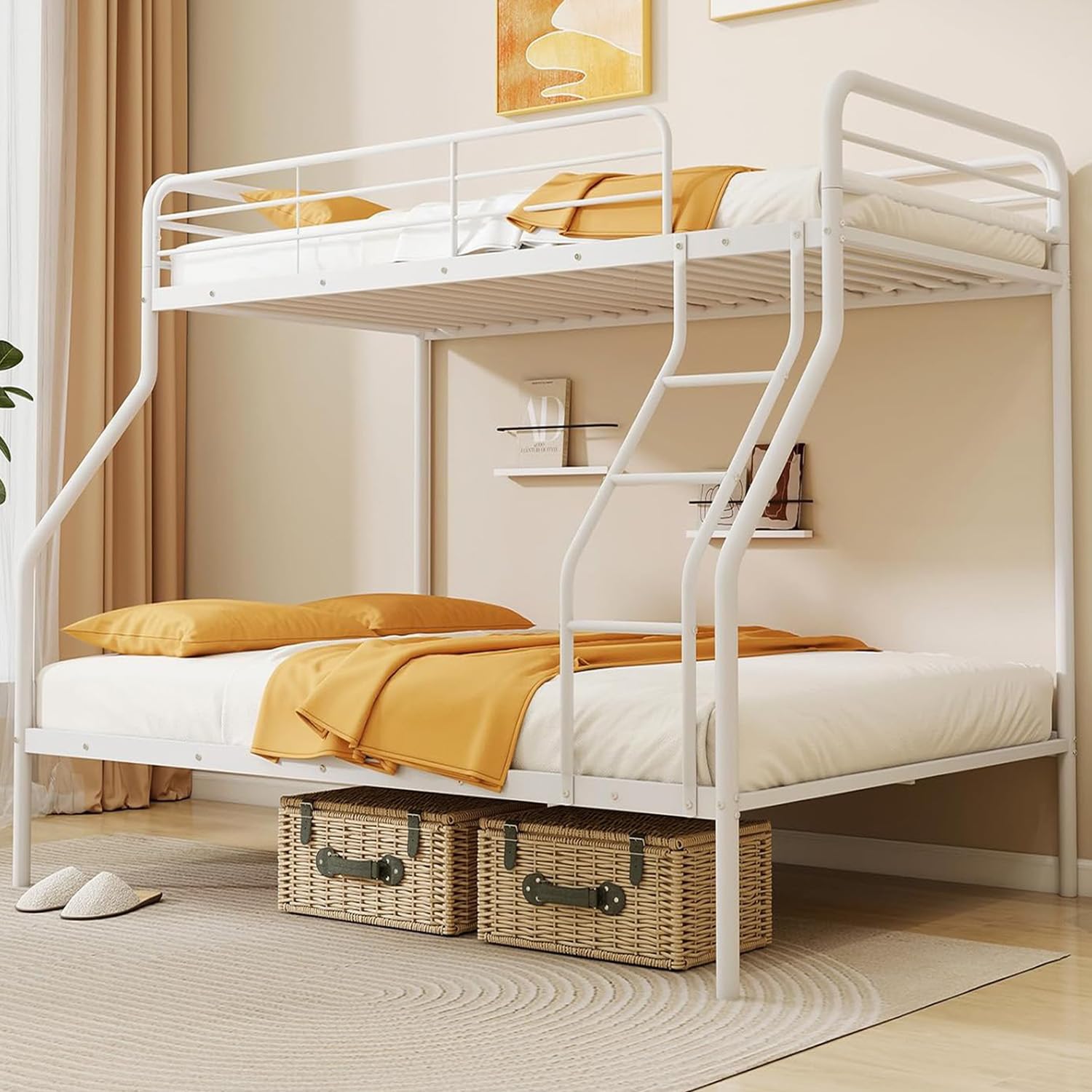Giantex Heavy Duty Metal Bunk Bed Twin Over Full Size - Sturdy Bunk Bed for Teens & Adults with Ladder & Safety Guardrails - Space Saving Bunk Bed for Dorm, Bedroom, Apartment - No Box Spring Needed (White) - Perfect for Small Spaces & Shared Rooms