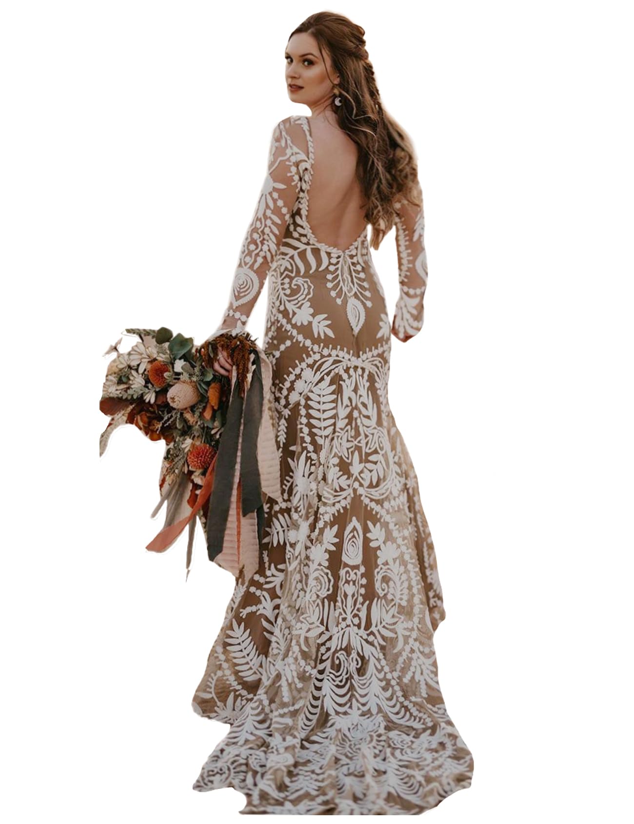 Elegant Western Wedding Dress with Train - 2 Piece Long Sleeve Floral Lace Sheath Bridal Gown for Country Bride | Perfect for Rustic, Boho, and Outdoor Weddings