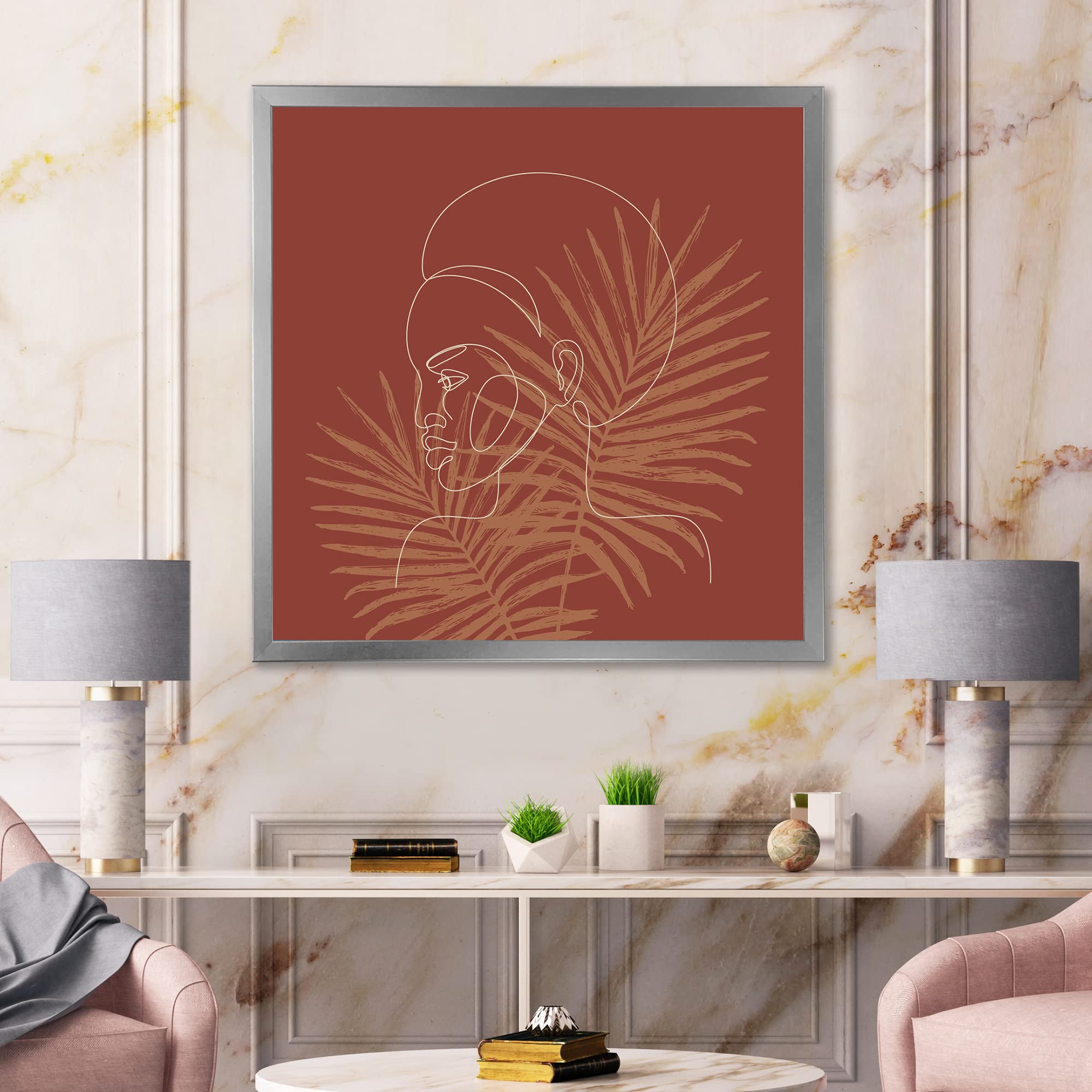 DesignQ Modern Framed Wall Art - Silhouette of African American Girl on Tropical Palm Leaves - Perfect for Living Room, Bedroom & Office Decor