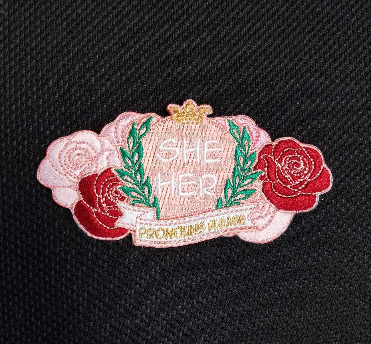 She Her Pronouns Iron On Patch - LGBTQ+ Pride Badge for Jackets, Bags & Backpacks - Gender Identity Awareness Accessory