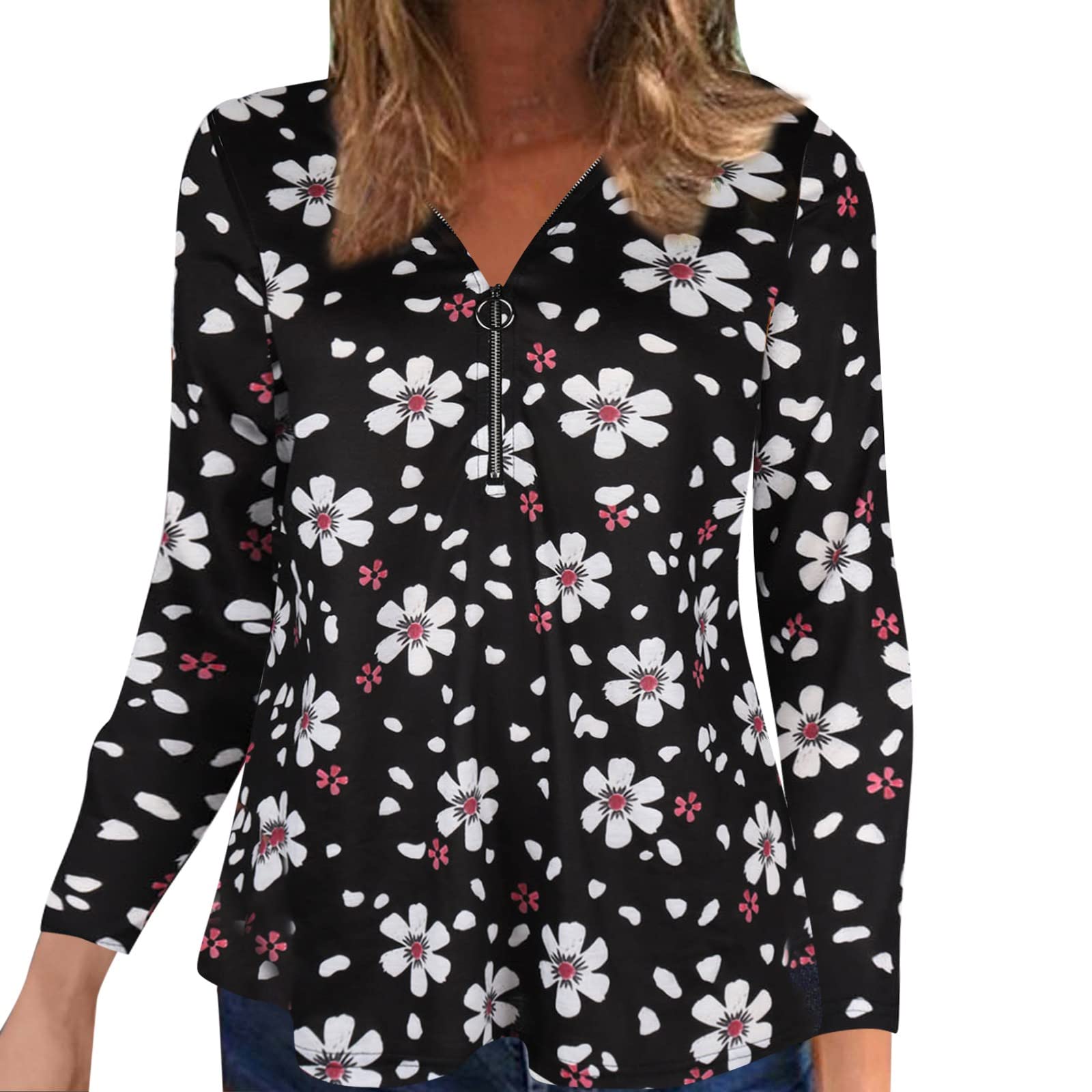 Women's Long Sleeve V-Neck T-Shirt - Loose Fit Casual Top with Print Patchwork & Zipper Detail | Comfortable Everyday Wear for Work, Outings & Relaxation