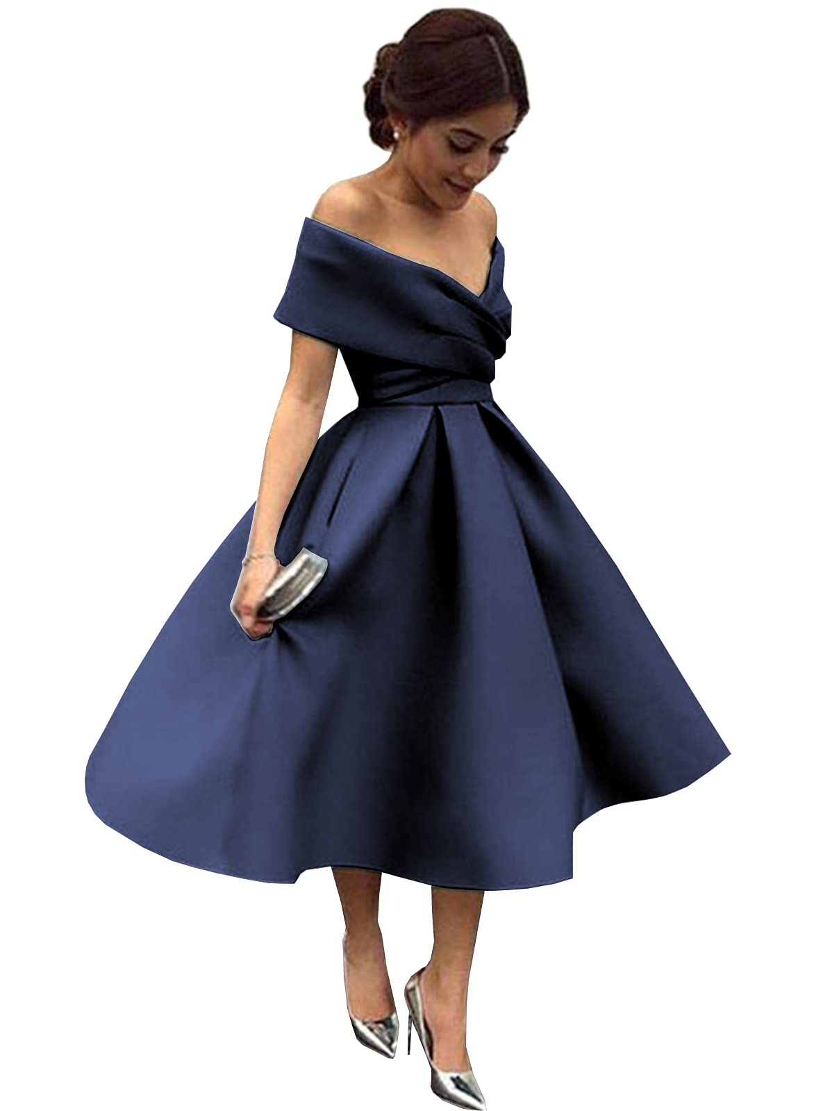 Women's Off The Shoulder Short Satin Homecoming Dress with Pockets - Simple Bridesmaid Prom Gown for Party, Wedding & Special Occasions