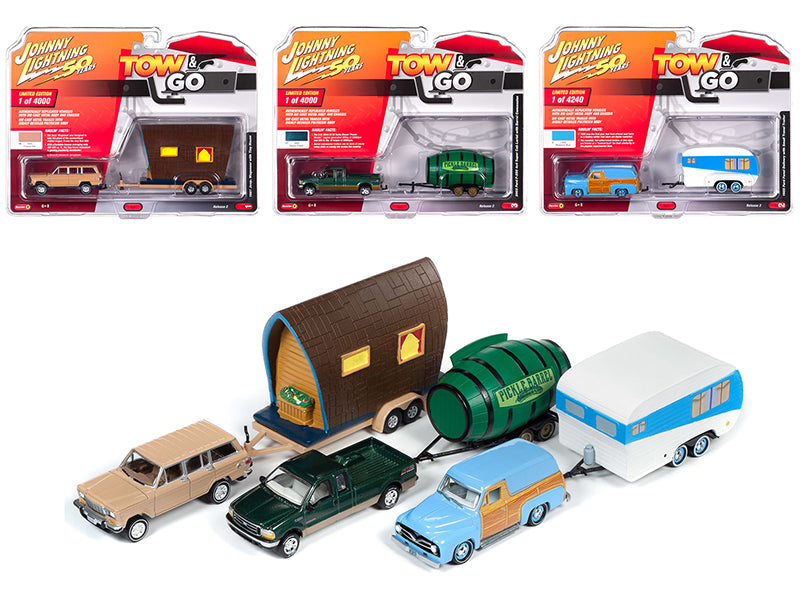Johnny Lightning 1/64 Diecast Model Cars - 3-Piece Tow & Go Set Series 2 (50th Anniversary Collection) - Perfect for Collectors, Display Cases, and Toy Car Enthusiasts