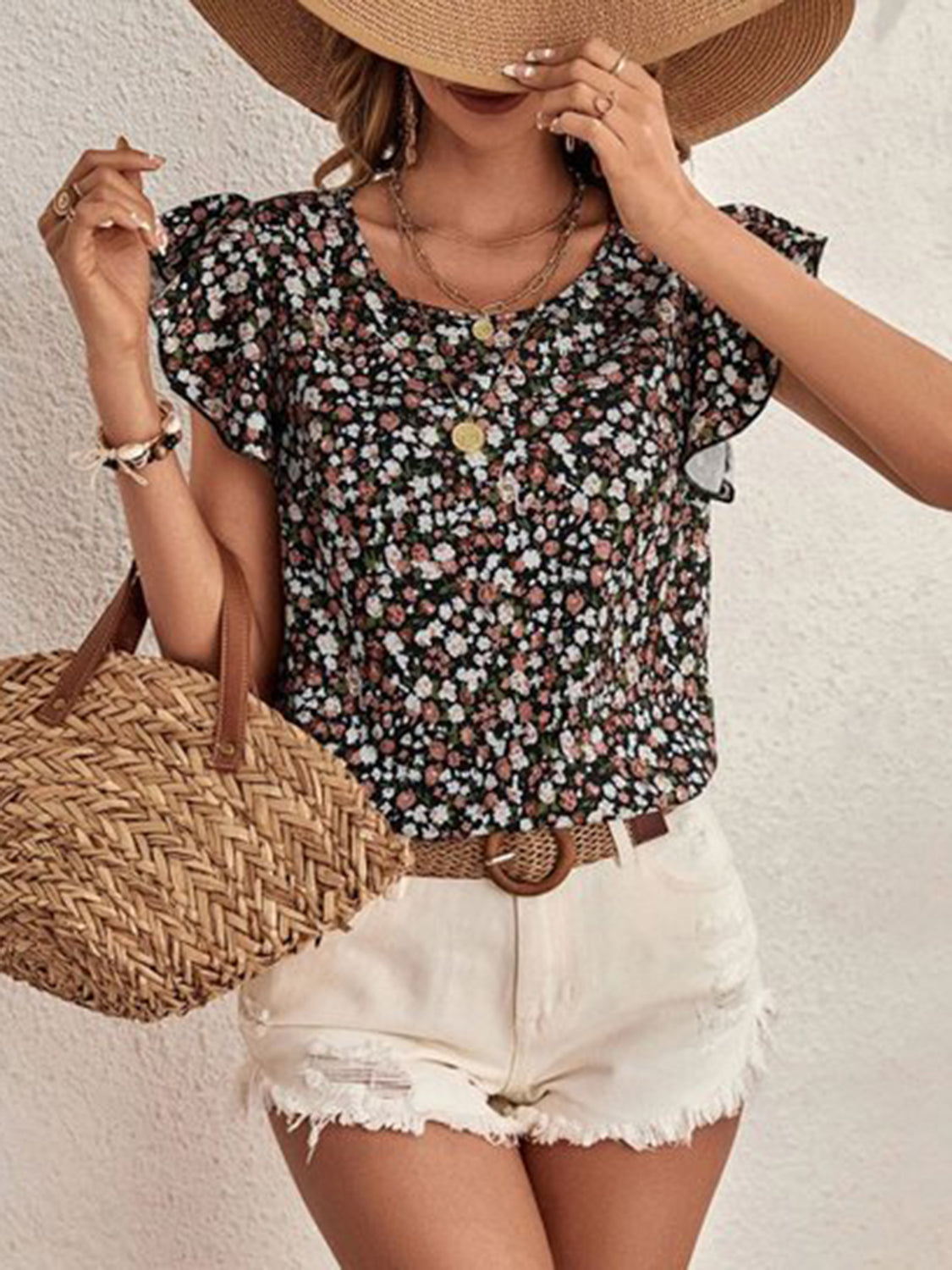 Women's Ditsy Floral Print Round Neck Cap Sleeve Blouse - Casual Summer Tops for Beach, Vacation & Everyday Wear