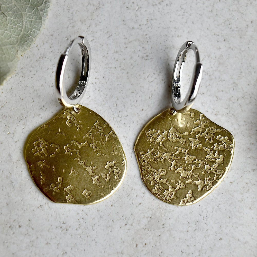 Stylish 'Ashes' Silver Huggie Hoop Earrings with Patterned Brass Drop - Perfect for Everyday Wear, Date Nights & Special Occasions
