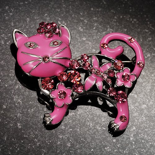 Elegant Pink Crystal Enamel Cat Brooch Pin - Vintage Style Jewelry for Women - Perfect for Blazers, Scarves & Handbags