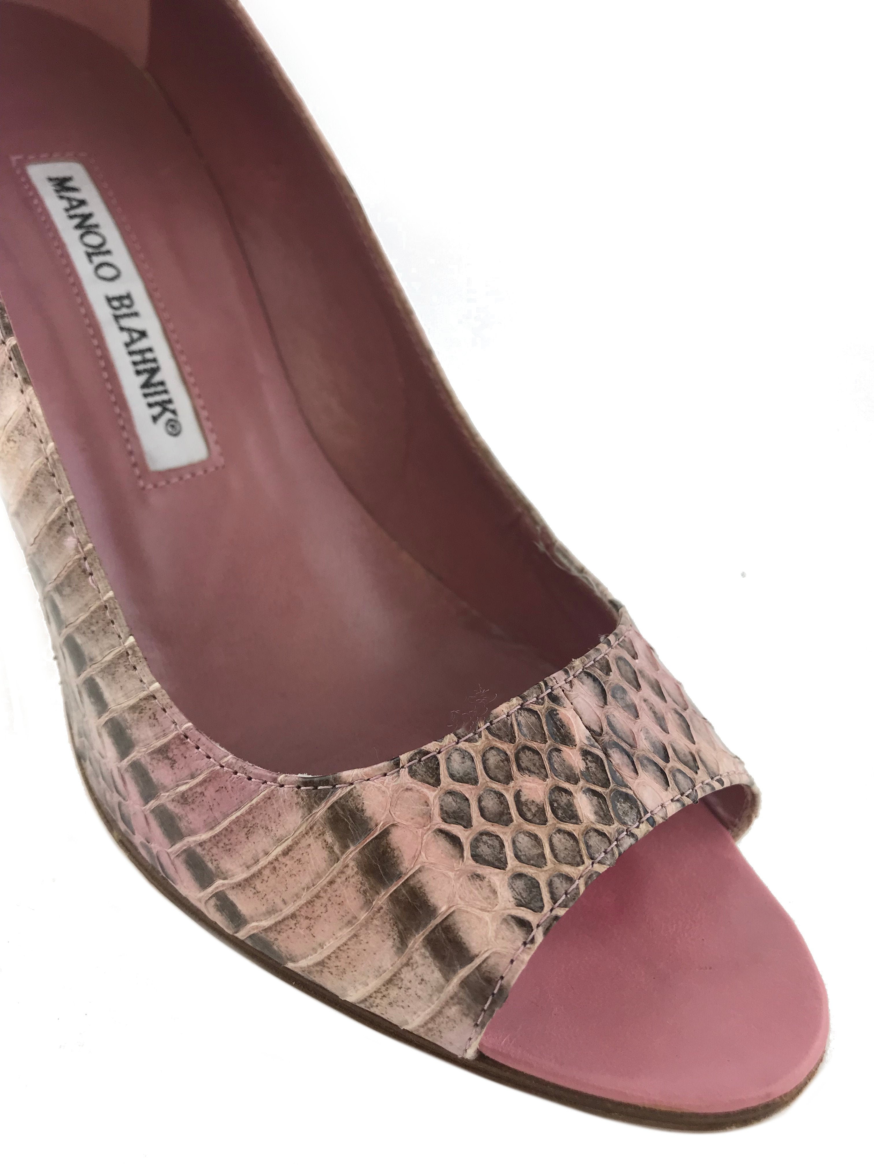 Manolo Blahnik Python Leather Peep-Toe High Heel Pumps Women's Size 7 - Elegant Evening Shoes for Parties, Weddings & Special Occasions