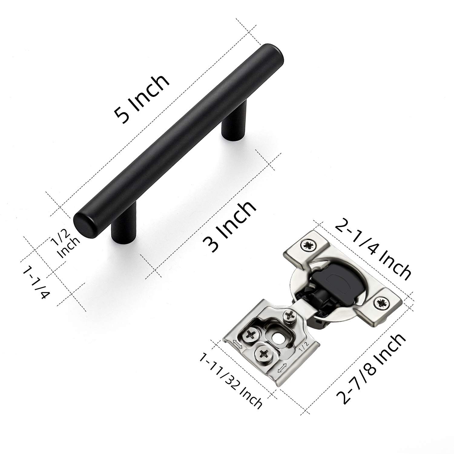 25 Pack 5 Inch Matte Black Cabinet Pulls & 50 Pack 1/2 Inch Overlay Soft Close Hinges - Premium Kitchen Cabinet Hardware Set for Modern Home Renovation, DIY Projects and Furniture Upgrades